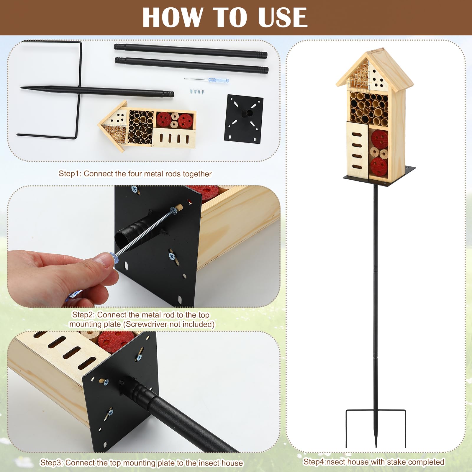 Novabright Casa per insetti in legno con paletto in metallo, per hotel, api, habitat naturale, per api, farfalle, coccinelle, insetti utili, giardino, cortile