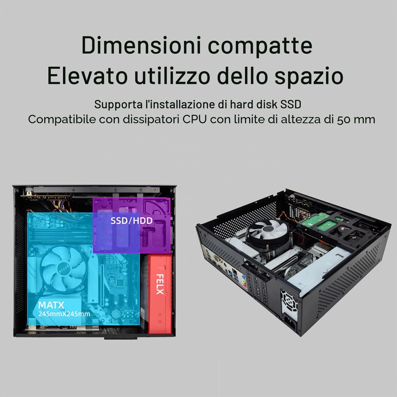 Custodia Mini ITX, ITX Stand Up o Down USB 2.0 Small Chassis, Custodia in Acciaio Supporto SSD 50mm CPU Cooler Custodia PC Compatta per Computer da Gioco, Design di