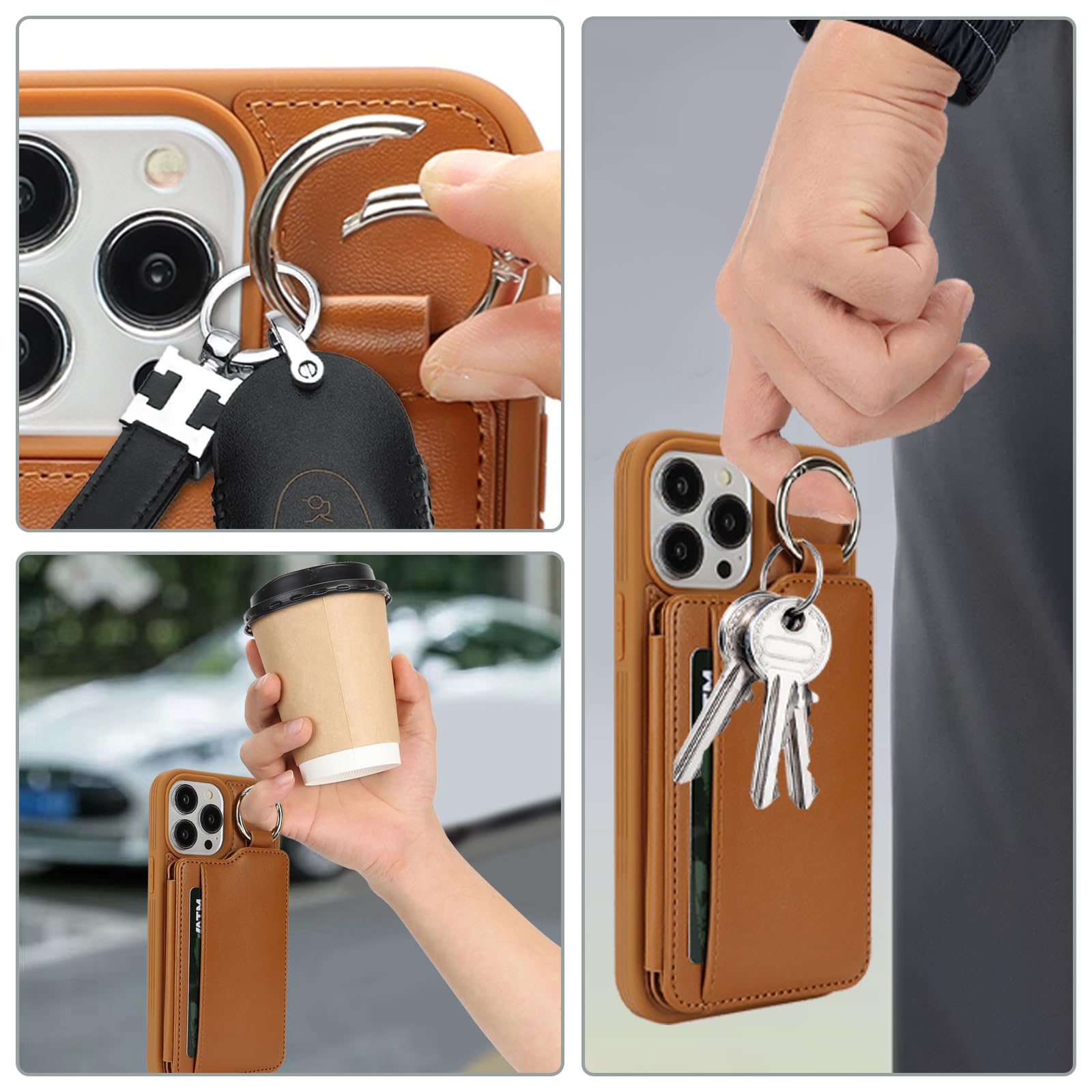 Havaya Etui na iPhone'a 16 Pro z uchwytem na karty etui na iPhone'a 16 Pro z brelokiem skórzany portfel męski - brązowy