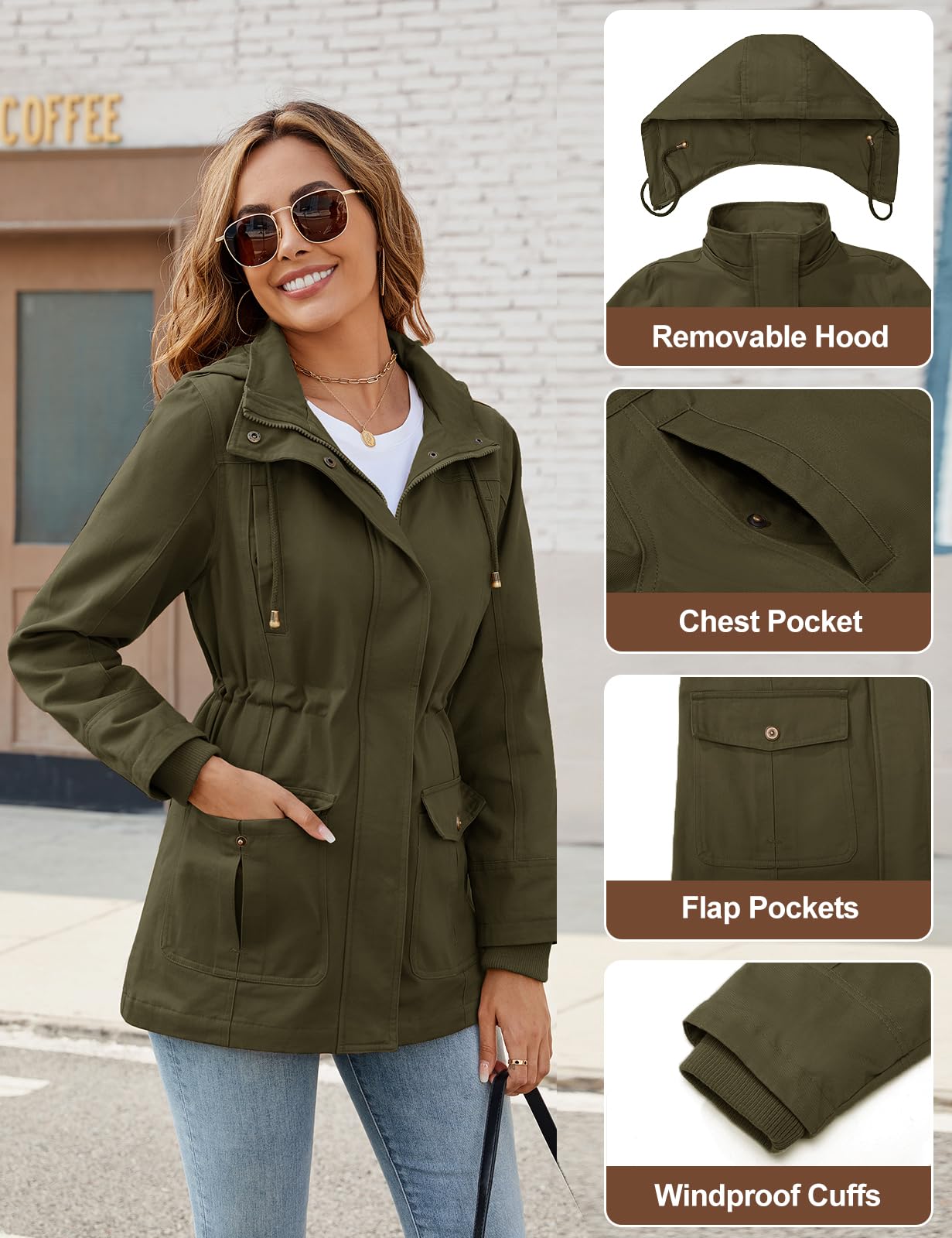 Tuopuda Veste Femme mi Saison Parka en Coton Blouson avec Capuche Décontracté Manteau Printemps Veste Militaire Zipper Jacket Coat Classique Automne Hiver Outwear