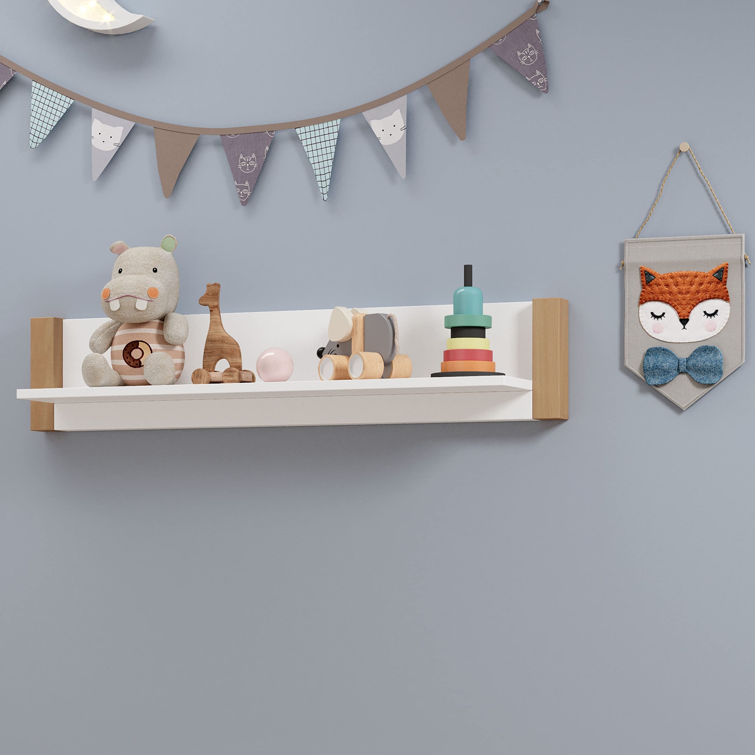 BEACH Mueble de pared para habitación de bebé en color blanco de pino, aspecto de abedul, versátil estantería de pared para su habitación de bebé, 110 x 22 x 20 cm (ancho x alto x profundidad)