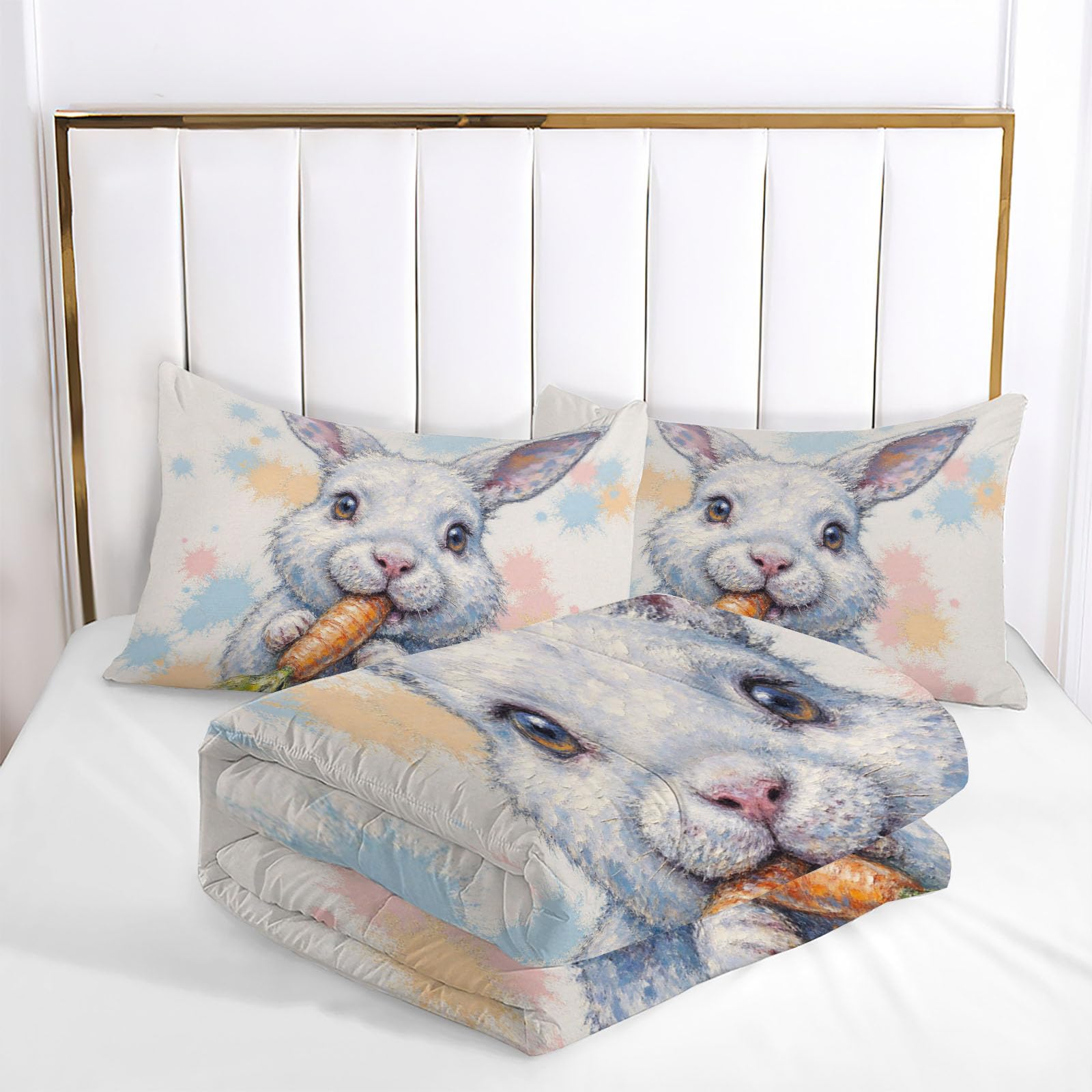 Trapunta Letto Matrimoniale 4 Stagioni Piumone per Bambini, Coniglio Carota Leggero Astratto Pittura A Inchiostro Set di Biancheria da Letto 200x200cm con 2 Federe,Piumino Lavabile In Lavatrice