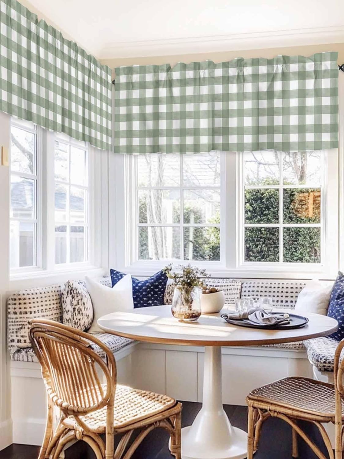 Sage Green Plaid Curtain Valances for Windows, Farmhouse Checkered Kitchen Valance Window Treatments 2 Pack, Watercolor Buffalo Rod Pocket Short Curtains for Bathroom Bedroom 54 x 18 Inch