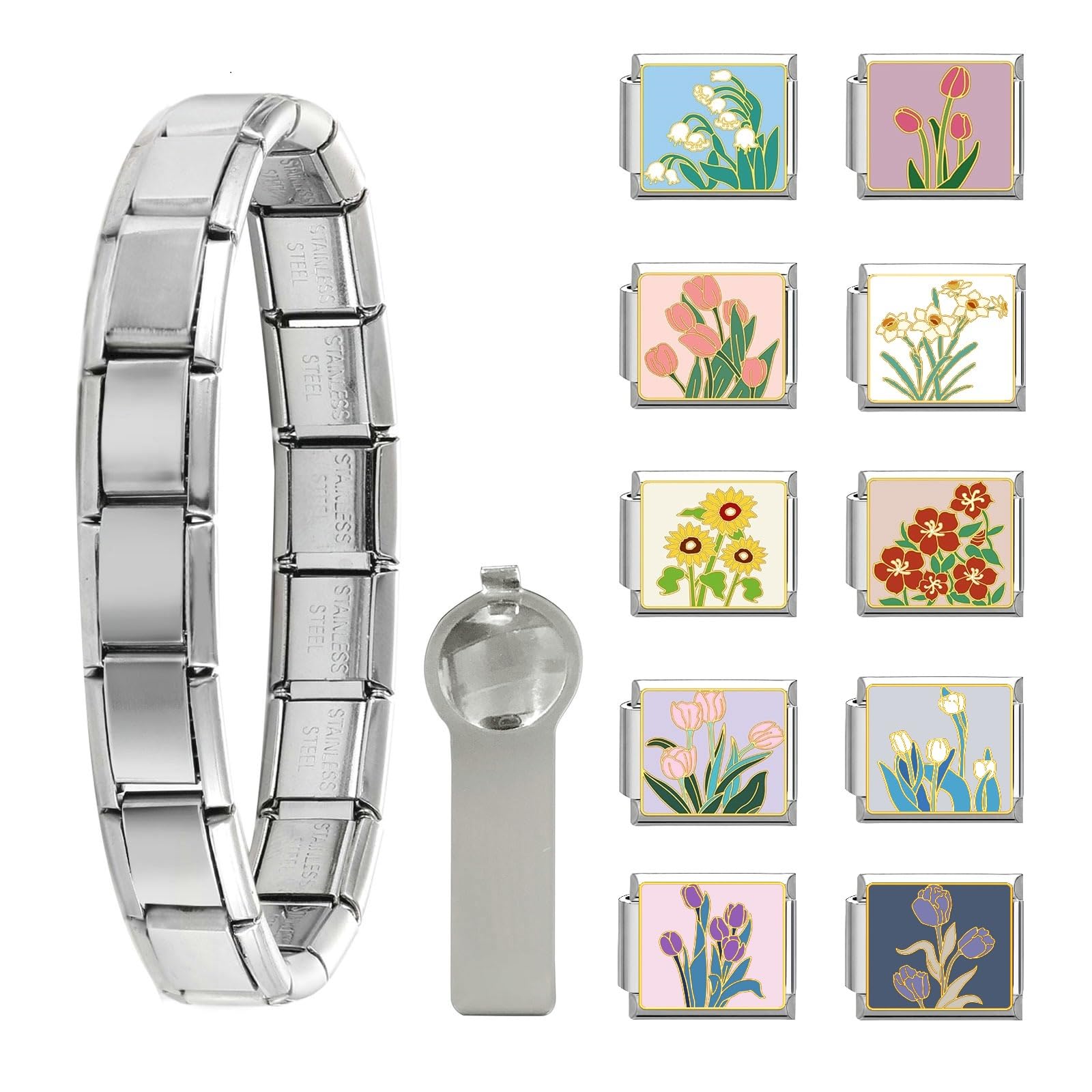 papasgixItalian Charm Bracelet Gold Silver Set with Starter Brascelet,  Assorted Charms and Opening Tools, 9mm Modular Italian Charm Bracelet Links