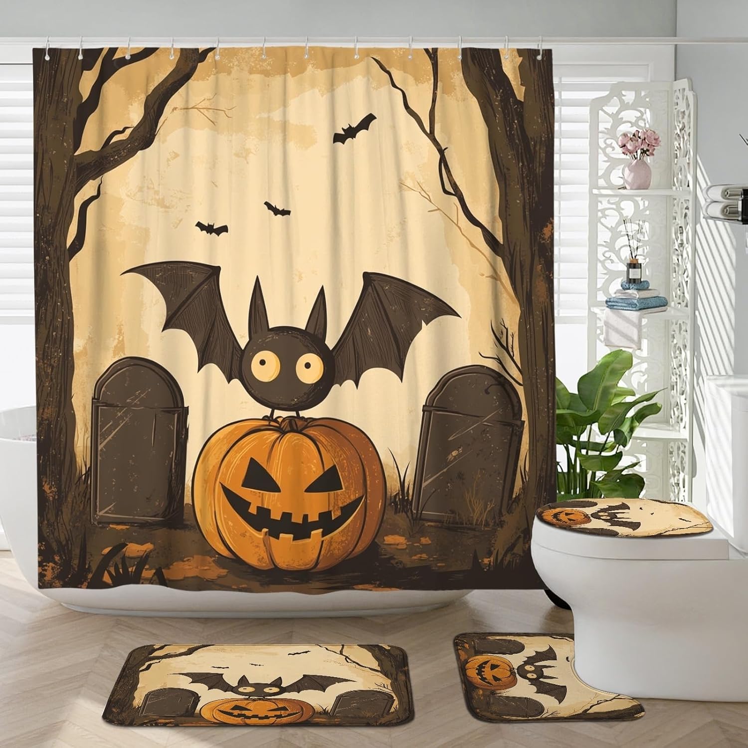 4PCS Vintage Halloween Horror Bat Bathroom Sets, Bath Accessory with Non-Slip Rug, U Shape Toilet Lid Cover Mat, Cartoon Kid Scary Pumpkin Bathroom Decoration-72''x72''