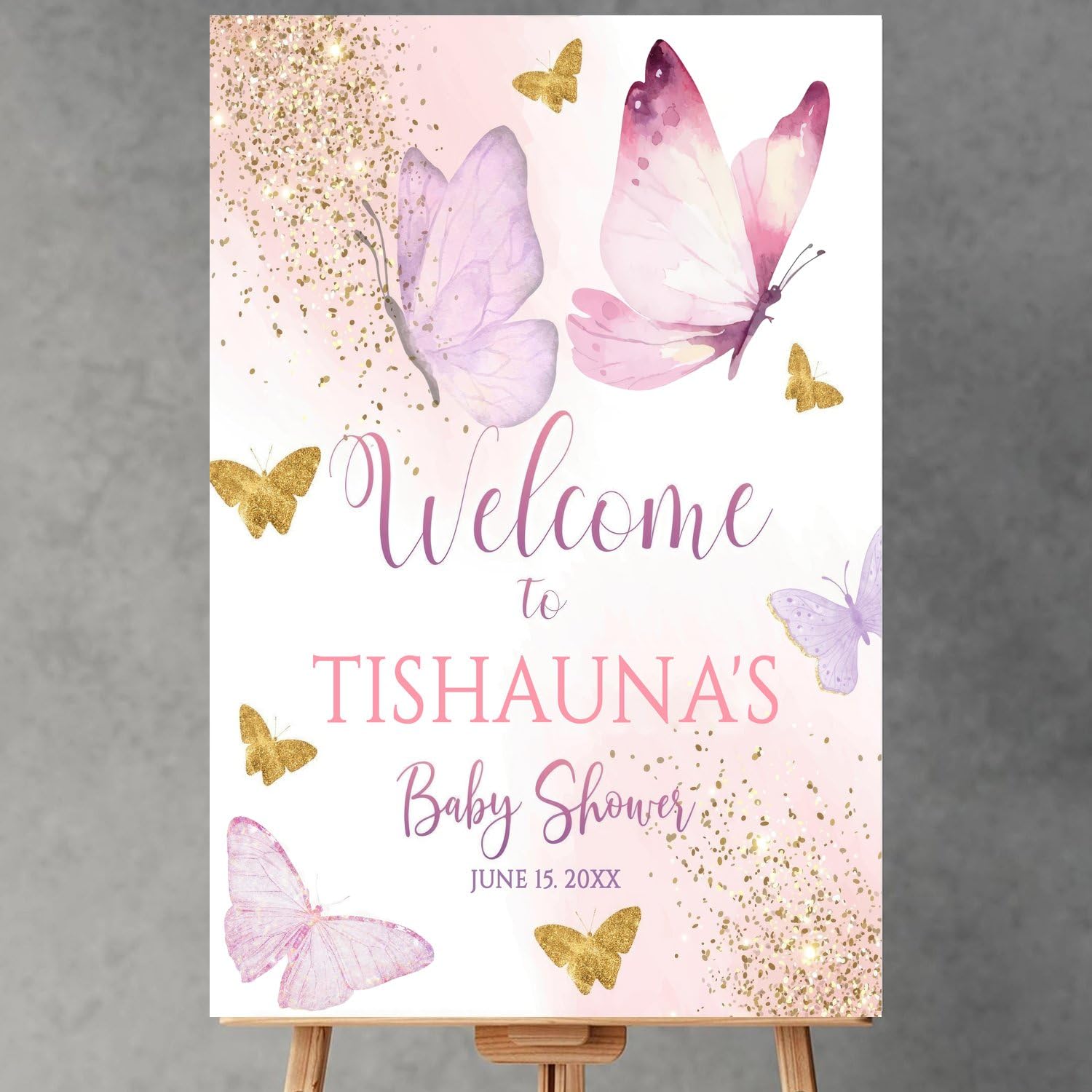 Butterfly Personalized Baby Shower Plastic Welcome Sign, Baby Shower Welcome Poster With Stand