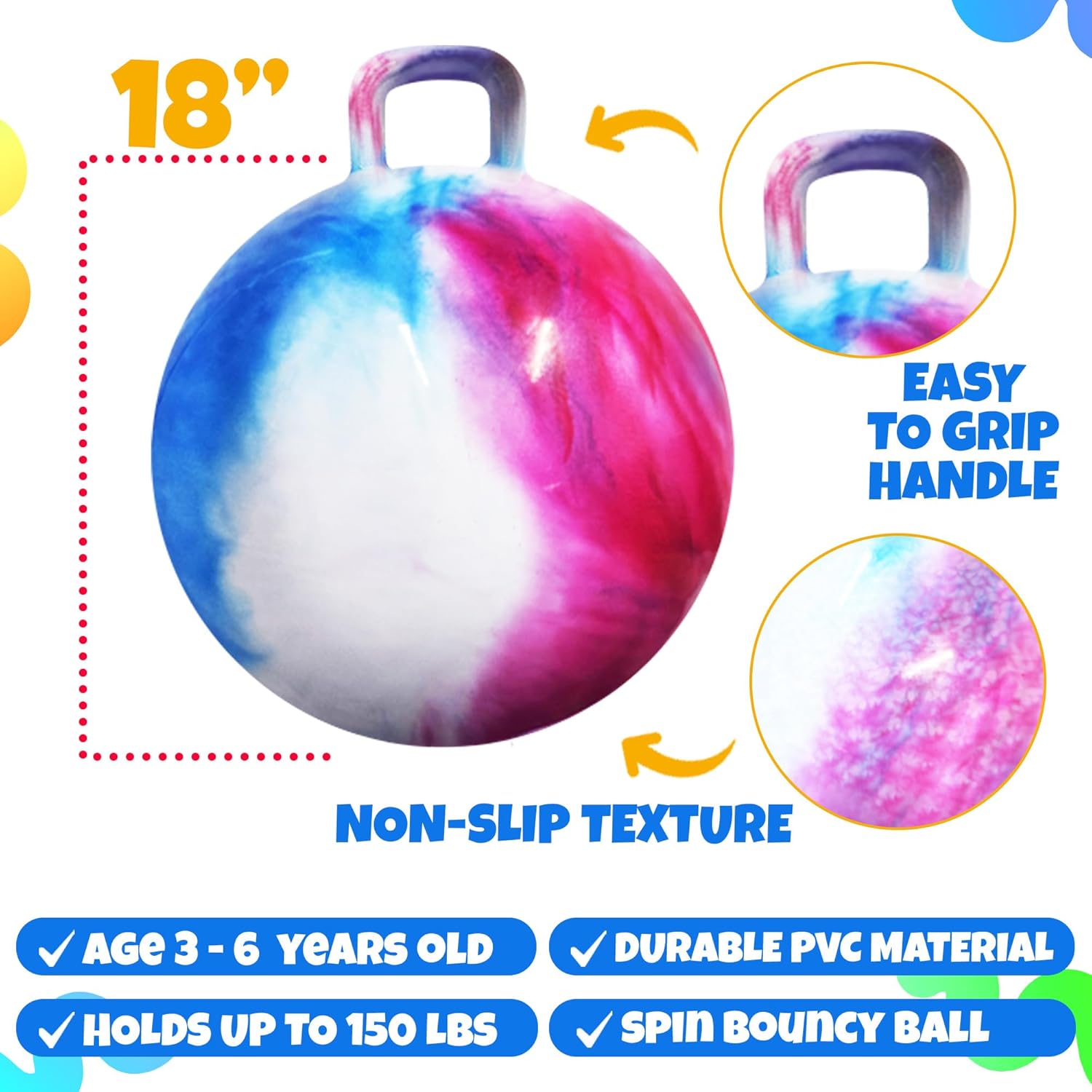 Bedwina Hopper Ball with Handle for Kids 18-inch (45cm) Bouncy Balls for Kids, Jumping Kangaroo Hippity Hop, Hopping Sit and Spin with Handle with Hand Pump, Marble Blue/Red/White