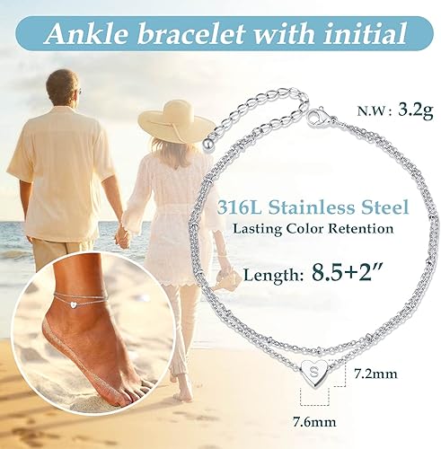 Miniatura 6 de ChainsProMax Tobillera de corazón elegante, cadena de pie de playa de verano para mujer, pulsera de tobillo inicial de la A a la Z, ajustable