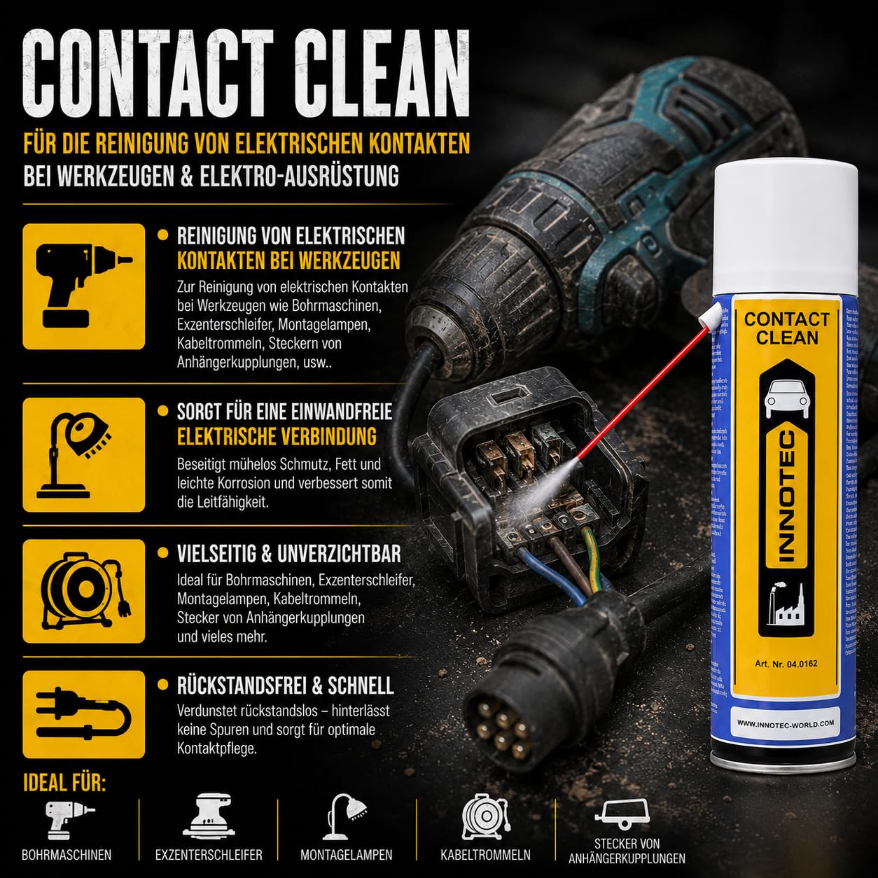 4 Stück Innotec Kontakt Spray - Contact Clean - Elektronikreiniger - Reinigung und Schutz von elektronischen Kontakten - hochaktiver, schnell ablüftender Reiniger für elektronische Kontakte & Bauteile