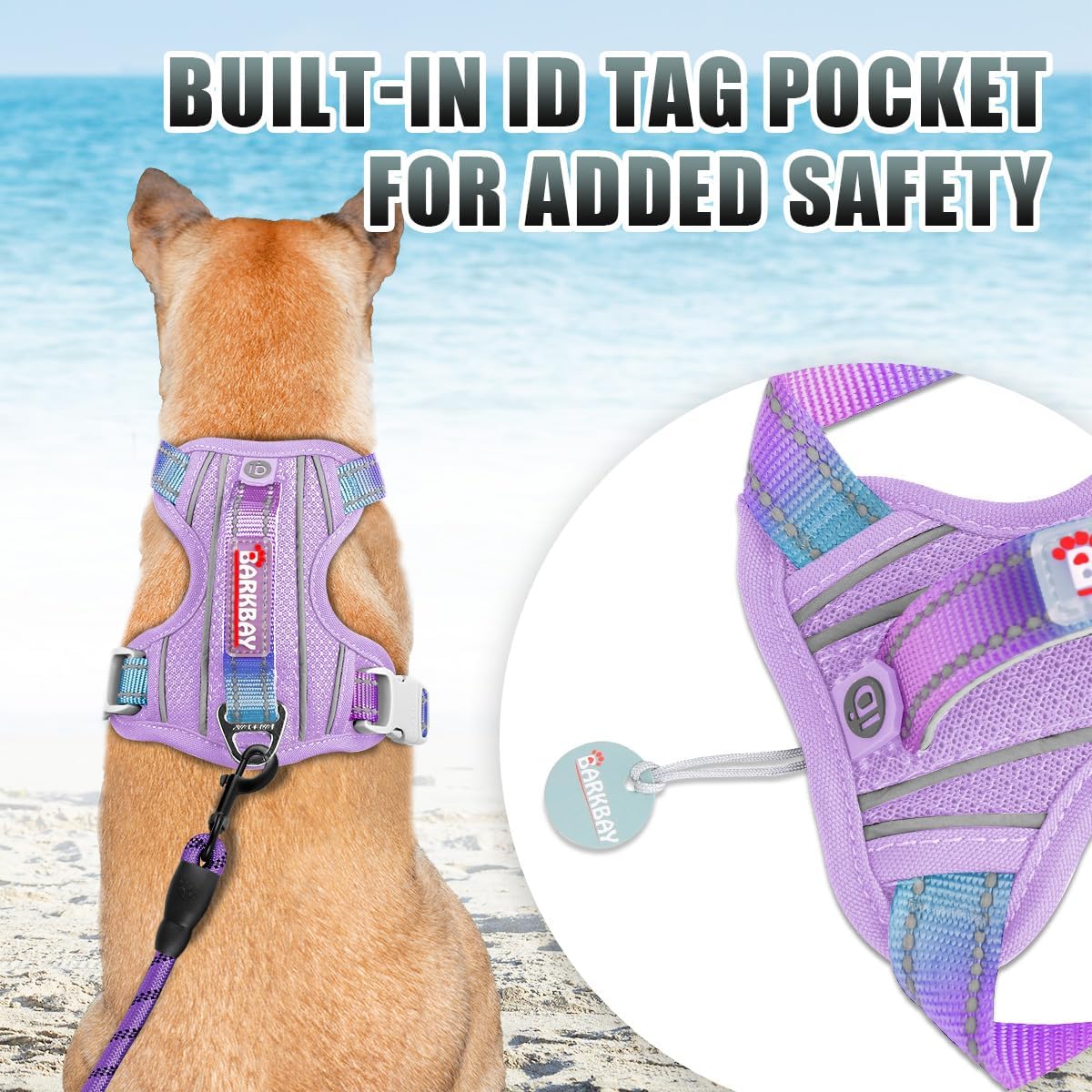 BARKBAY No Pull Dog Harness Large Reflective Dog Harness with Front Clip and Easy Control Handle for Walking Training Running with ID tag Pocket(Lavender Sky,M) Medium Lavender Sky