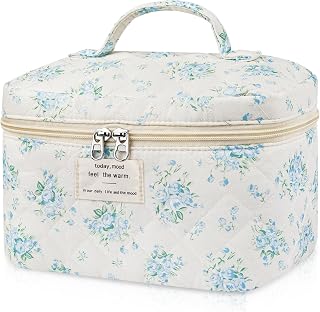 Large Floral Makeup Bag for Women, Cute Quilted Cosmetic Bag Travel Toiletry Organizer Make up Bag, Coquette Aesthetic Big Makeup Bags for Girls Gift (Blue Roses)