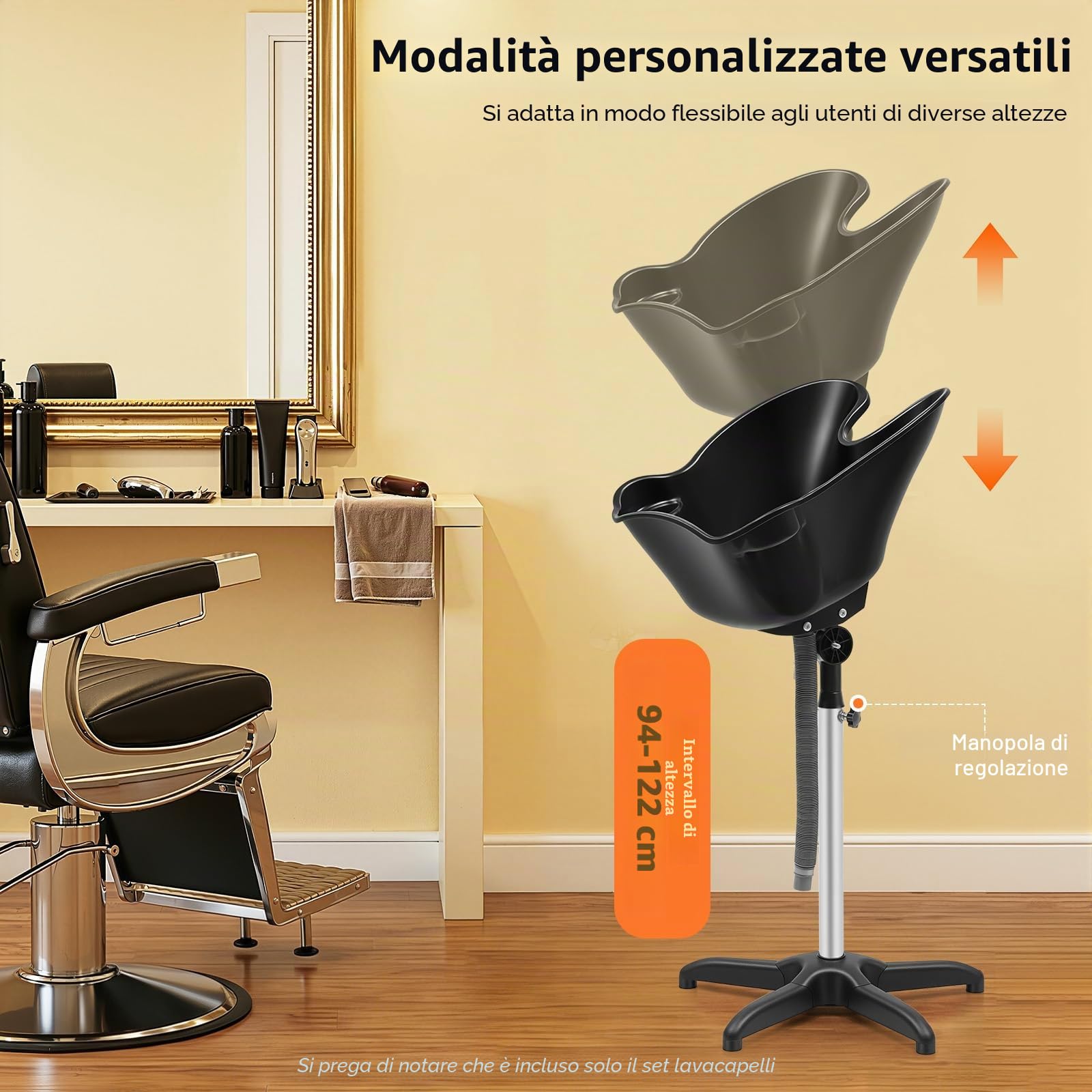 Lavabo mobile, regolabile in altezza da 94 a 122 cm, vasca regolabile a 180° in polipropilene, lavabo posteriore portatile con tubo di scarico estensibile