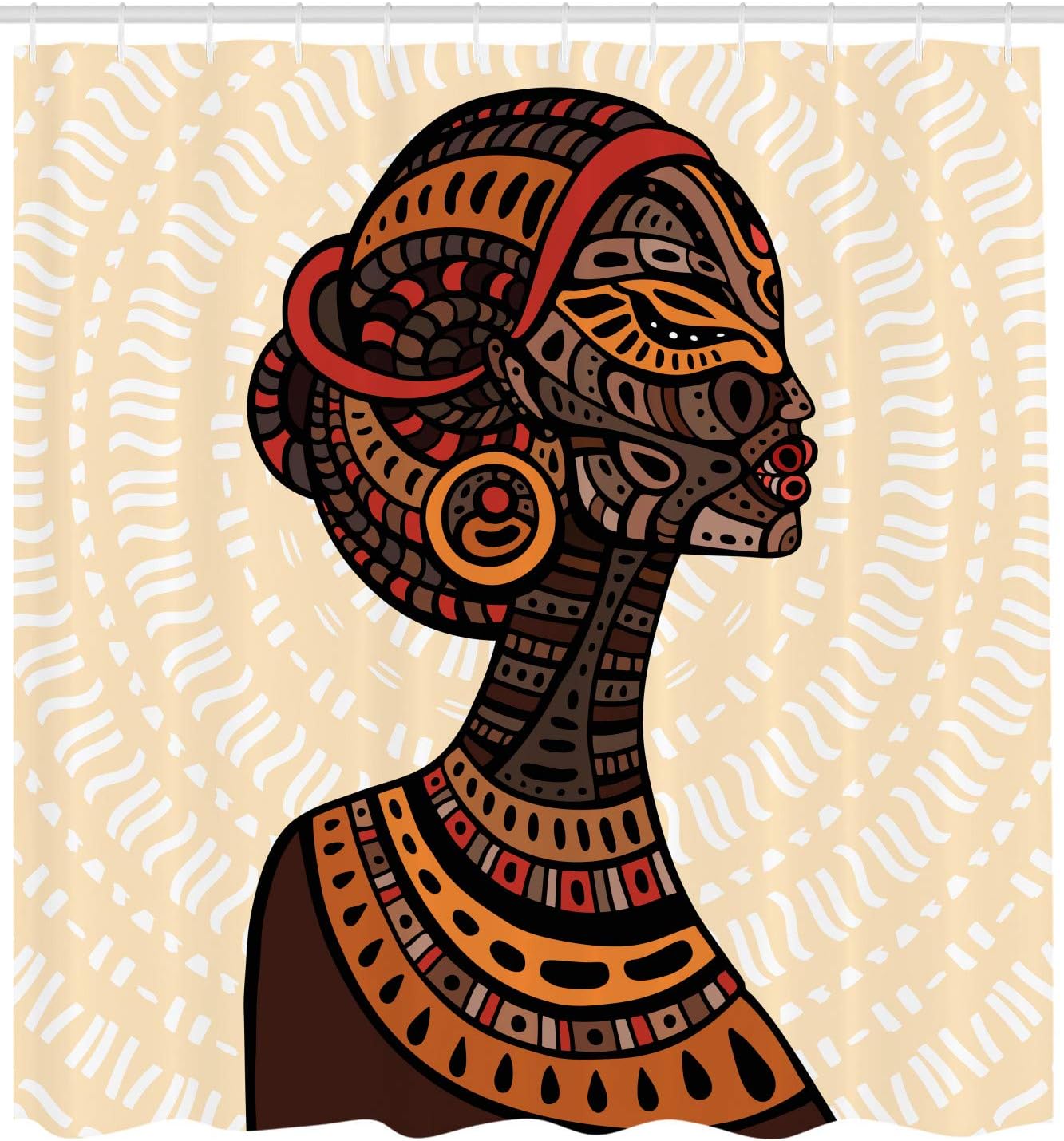 Ambesonne African Shower Curtain, Hand Drawn Illustration Profile Portrait Ornaments Folk Art, Cloth Fabric Bathroom Decor Set with Hooks, 69" W x 75" L, Dark Brown