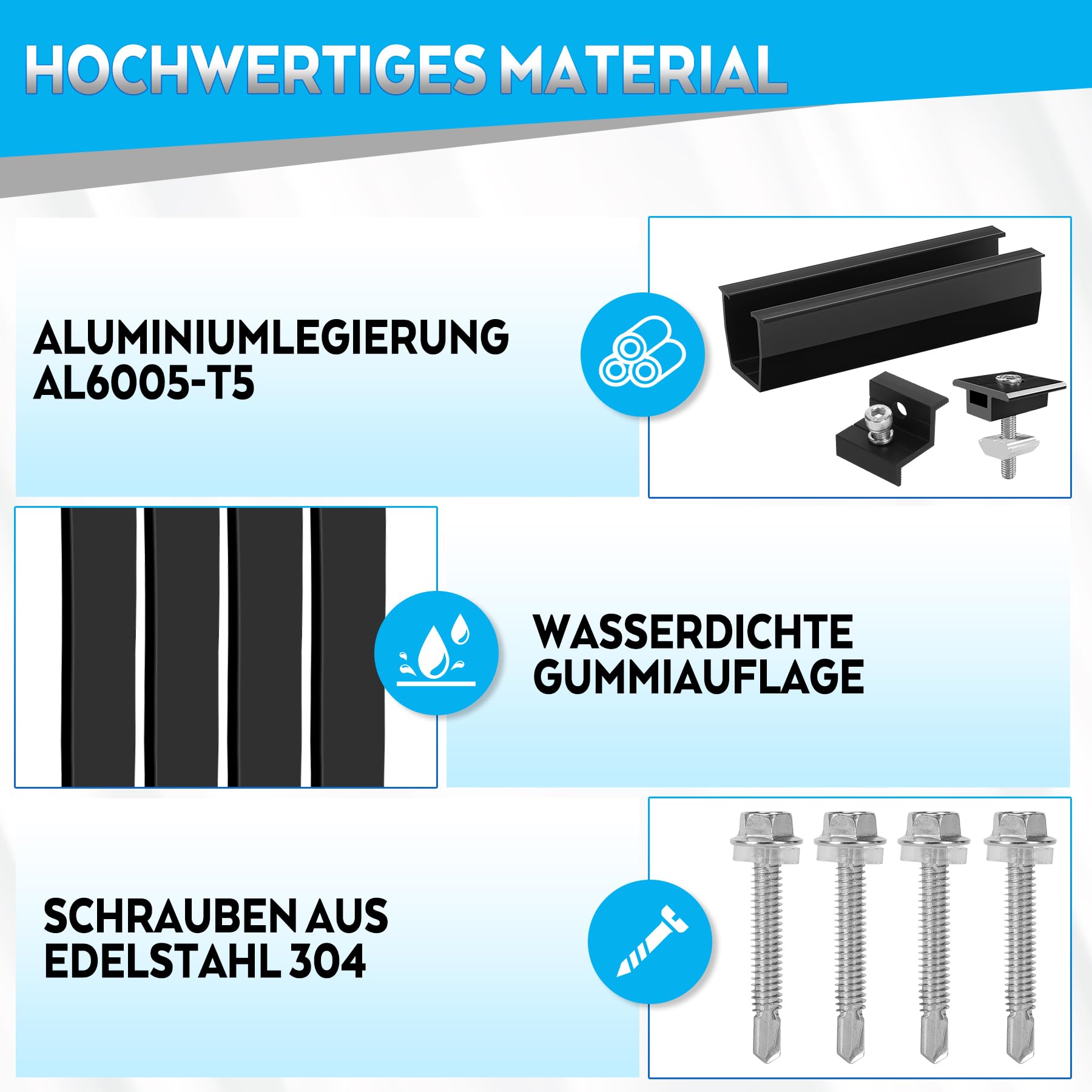 Solarmodul Halterung Montageset, PV Halterung für 4X Module, 12CM Schwarze Schiene+Solarpanel Wasserablauf Clips 30MM+Verstellbare Klemme für 30-35MM Dicke Module für Flachdach Trapezblech