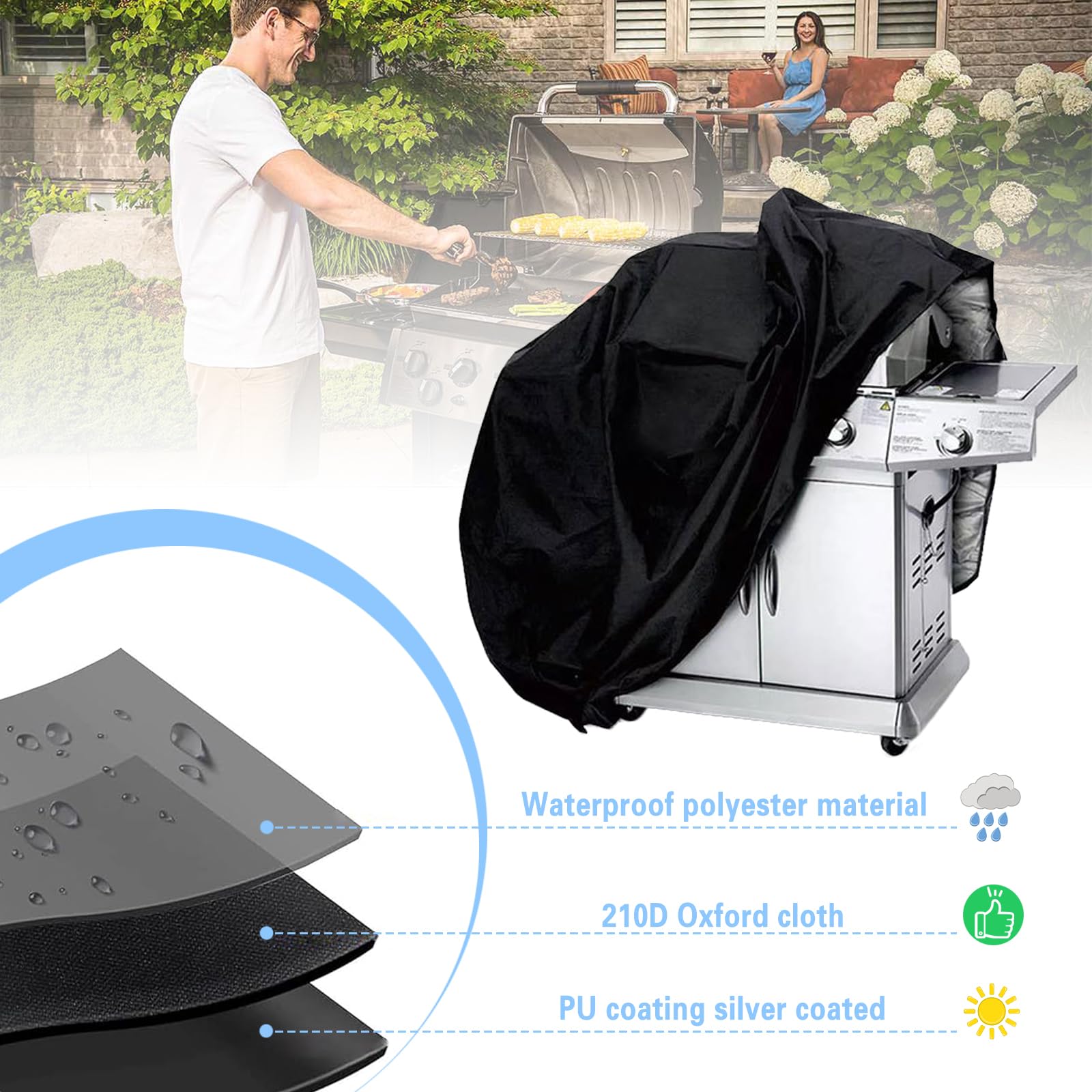 Copertura Per Barbecue Impermeabile In Tessuto Oxford 210D, Dimensioni 145x61x117 Cm, Antivento E Anti-UV, Con Cordoncino Regolabile - 2