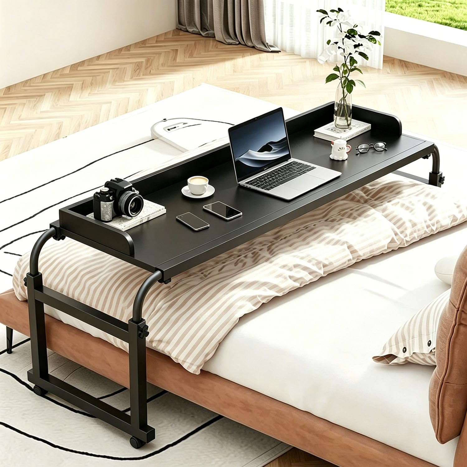 GXQFC Overbed Rolling Desk with Anti-Drop Surround Edge, Height Adjustable Movable Cross-Bed Table, Lockable Casters Wide Desktop for Working and Eating in Bed(Color:Black)