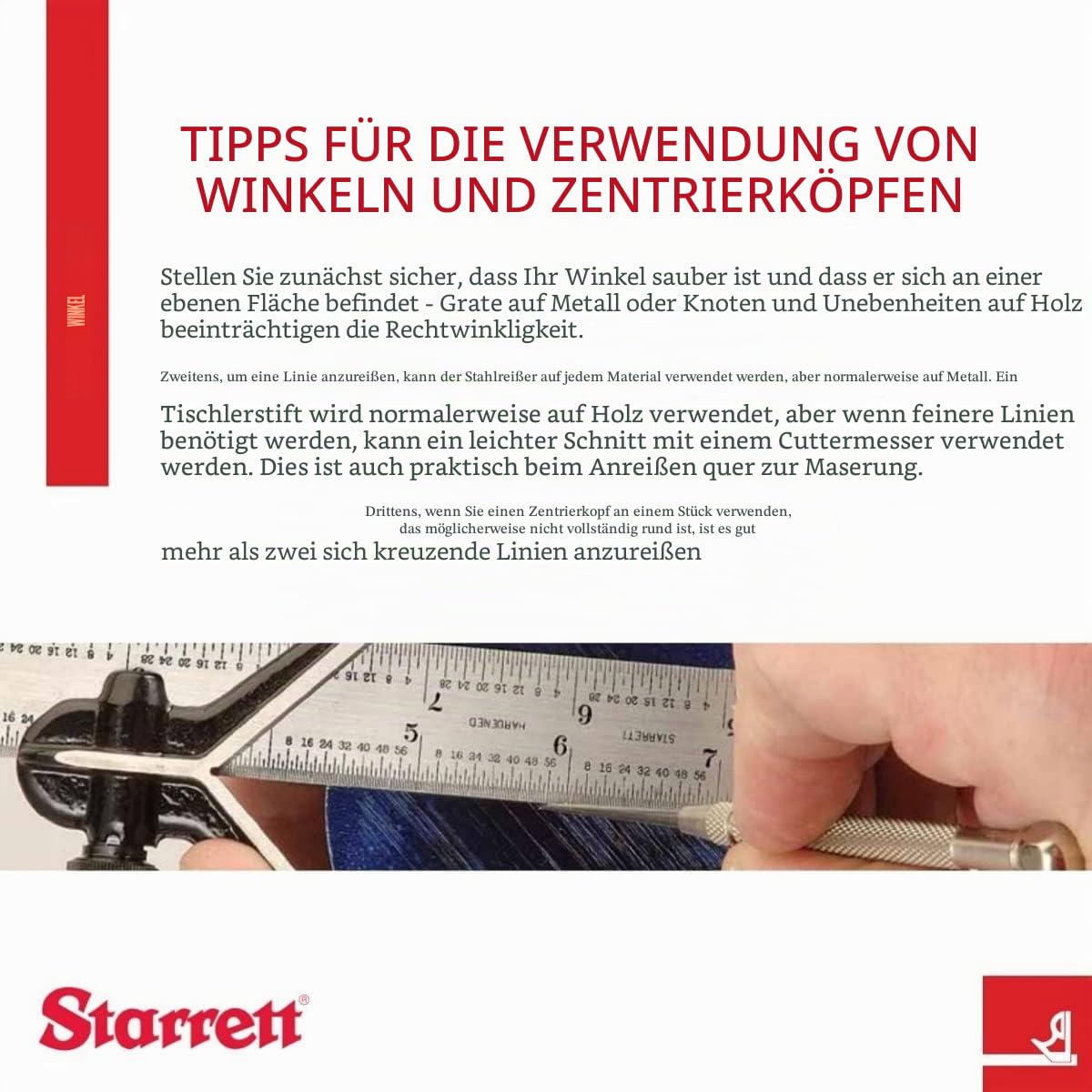 Starrett Stahl-Kombinationswinkel mit quadratischem Kopf – 30,5 cm Klingenlänge, Gusseisenkopf, gehärteter Stahl, umkehrbare Schlossschraube, Anreißer, 4R-Graduierungstyp – C11H-12-4R