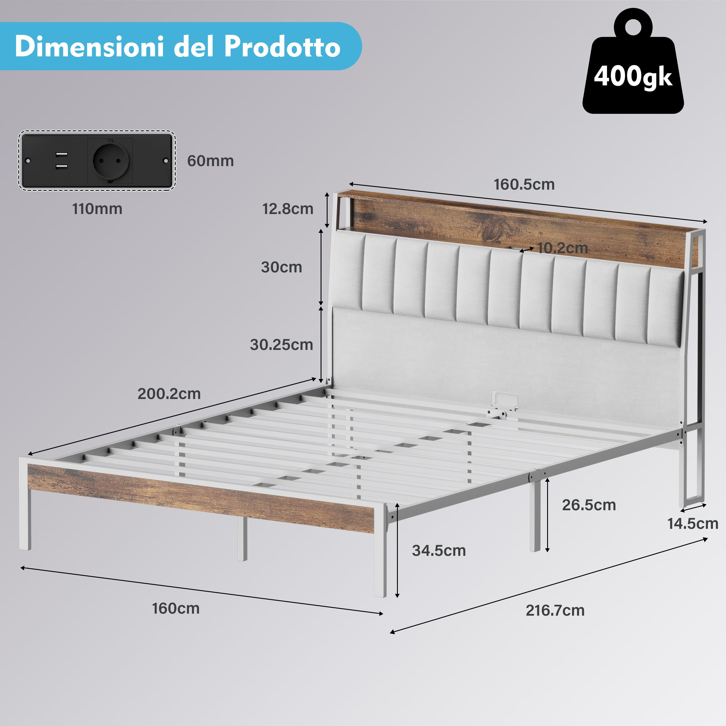 DEWINNER 160x200 Struttura Letto Con Illuminazione A LED, Letto Matrimoniale Con Testiera Contenitiva, Dotata Di Prese Multiple (1 Presa CA, 2 Porte USB), Struttura Robusta, Tessuto Di Lino Bianco