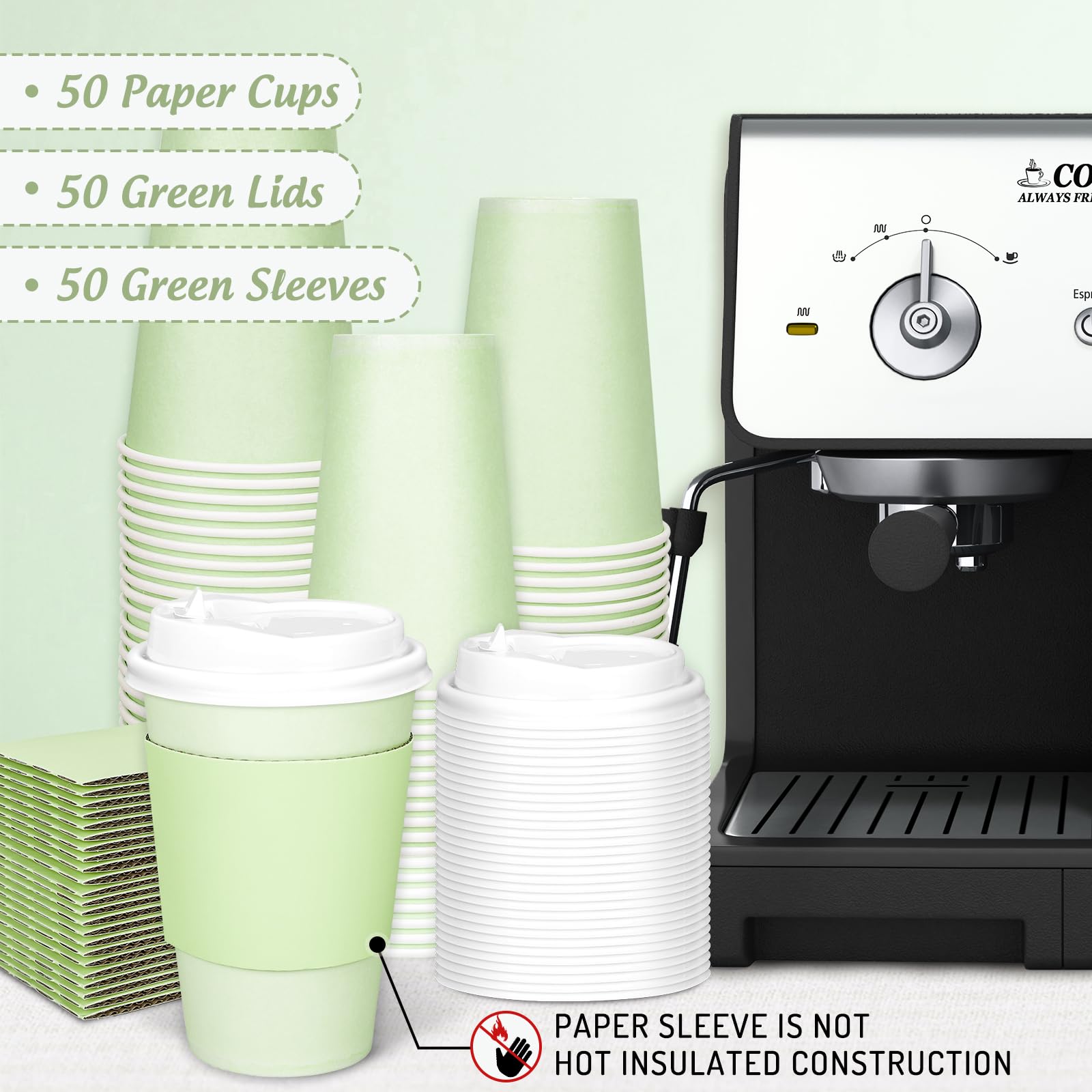 JarThenaAMCS 50 tazas de café desechables de color verde salvia con tapas y mangas, vasos de papel aislados de 12 onzas para el hogar, restaurante, viajes, suministros de fiesta de negocios