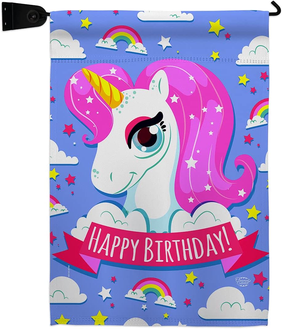 Magical Unicorn Birthday Garden Flag Set with Stand Celebration Cake Gift Present Candy Bouquet Occasion Anniversary Party Small Decorative Yard House Banner Made In USA 13 X 18.5