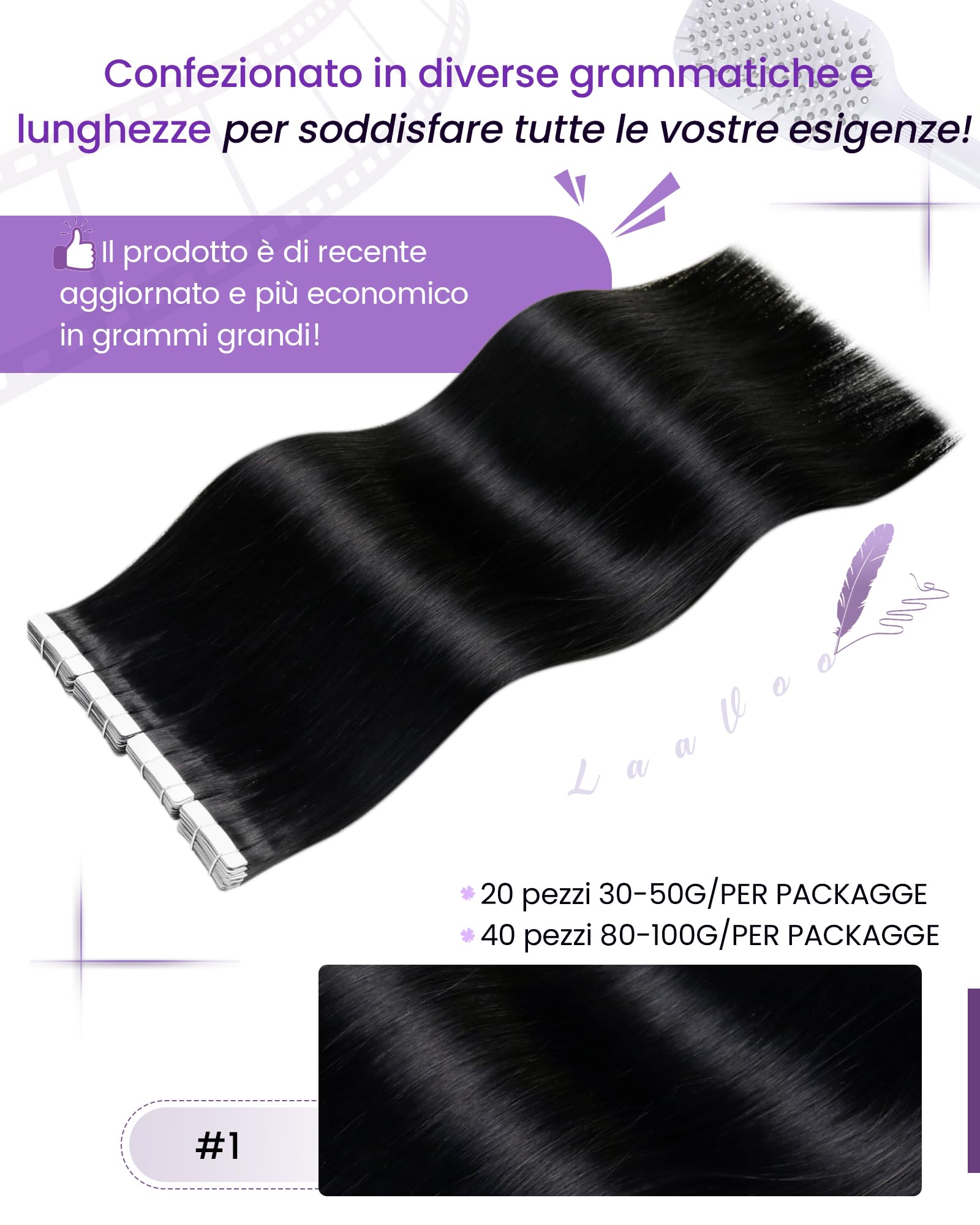 LaaVoo Extension Capelli Veri Biadesivo 20pz Nero Naturale Extension Capelli Biadesive Lisci Remy Extension Biadesivo Capelli Veri Invisibile Adesive 30cm 30g #1