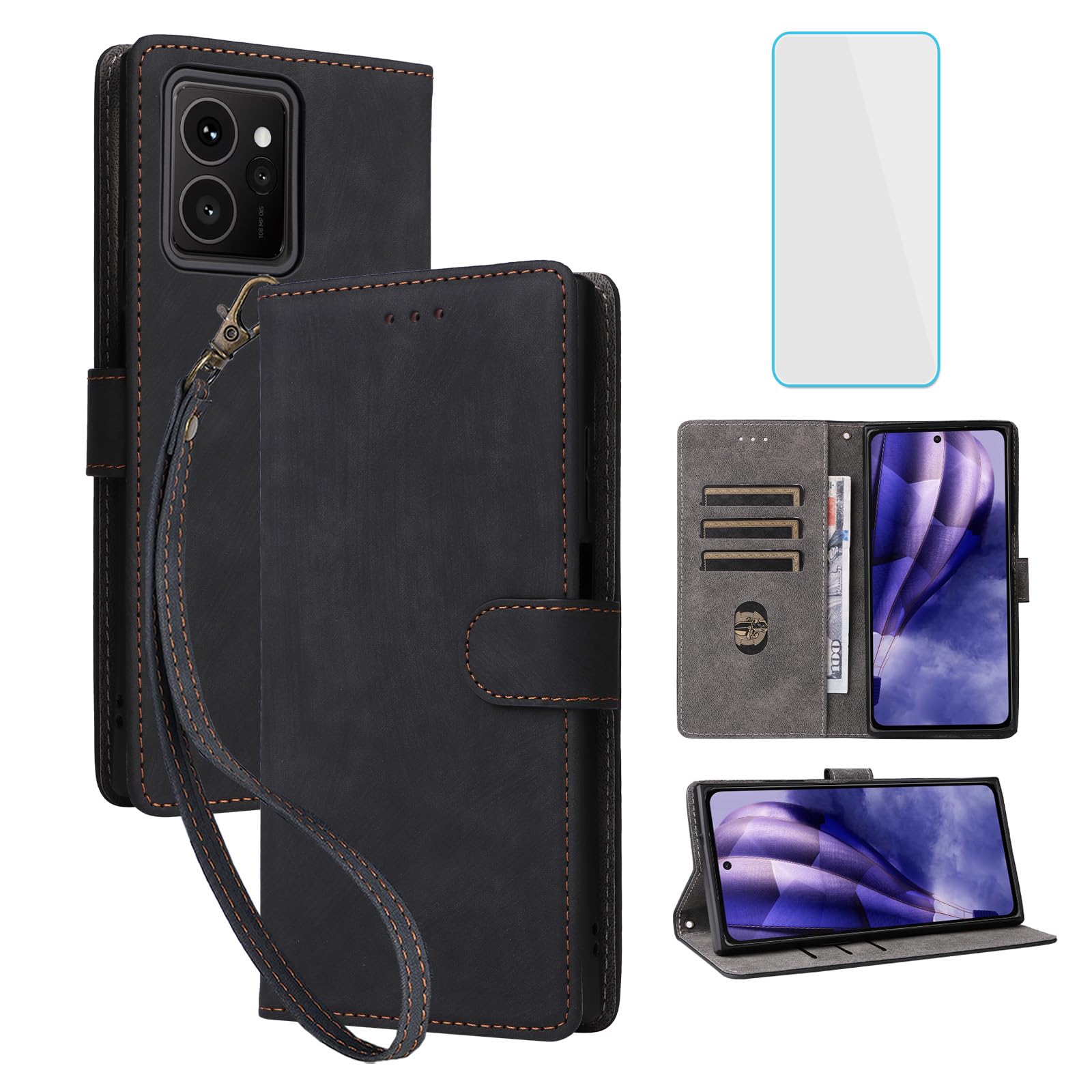 Nokia HMD Skyline ウォレット携帯電話ケース スクリーンプロテクター付き [RFIDブロッキング] レザー フリップ カード ホルダー キックスタンド ストラップ レディース メンズ 携帯電話ケース Nokia Skyline HMD Sky line 5G ブラック