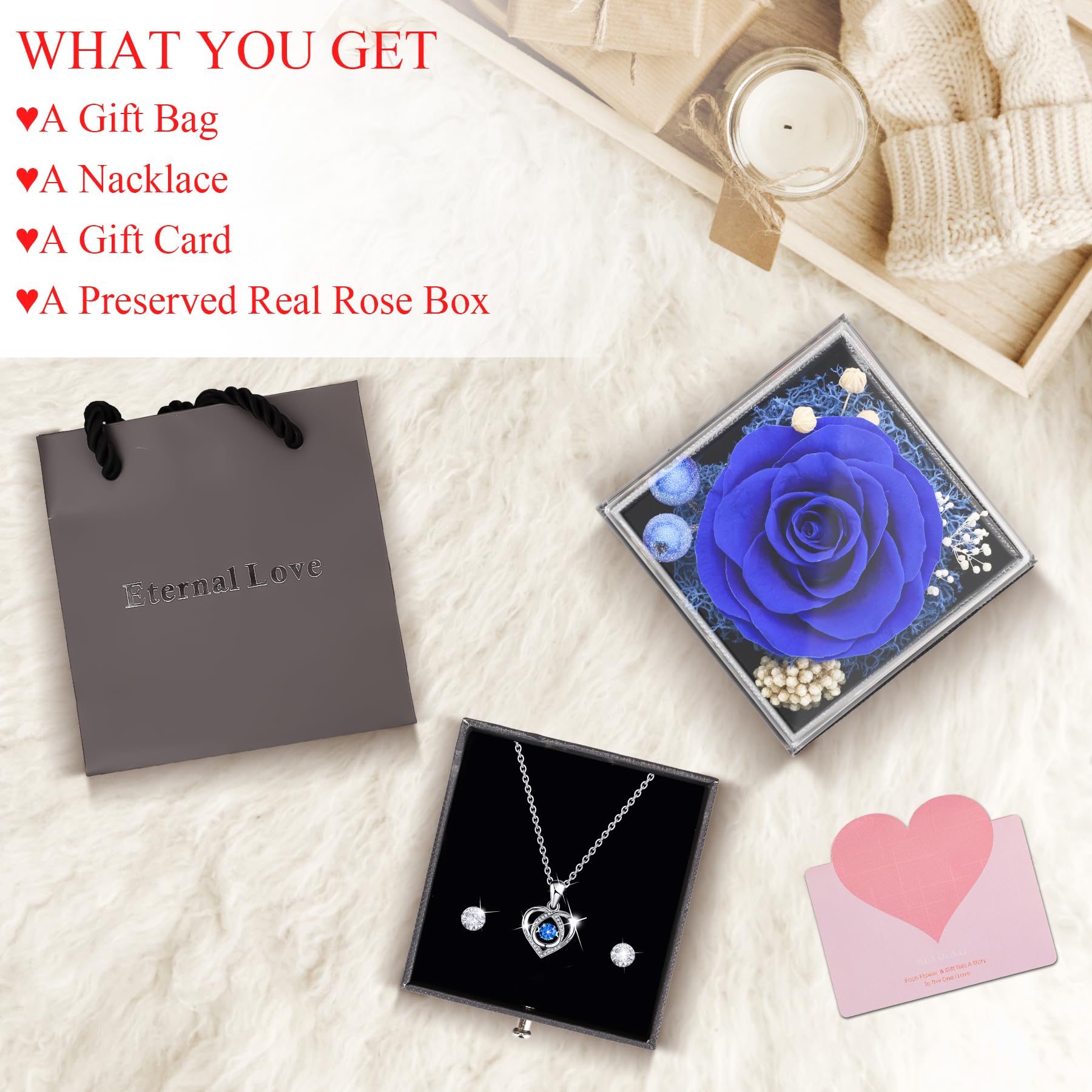 CSYY Rosa Eterna, Festa della Mamma Regalo per Lei con Collana Cuore e Orecchini a Perno San Valentino Festa Della Anniversario Natale Compleanno Sorella Moglie Blu