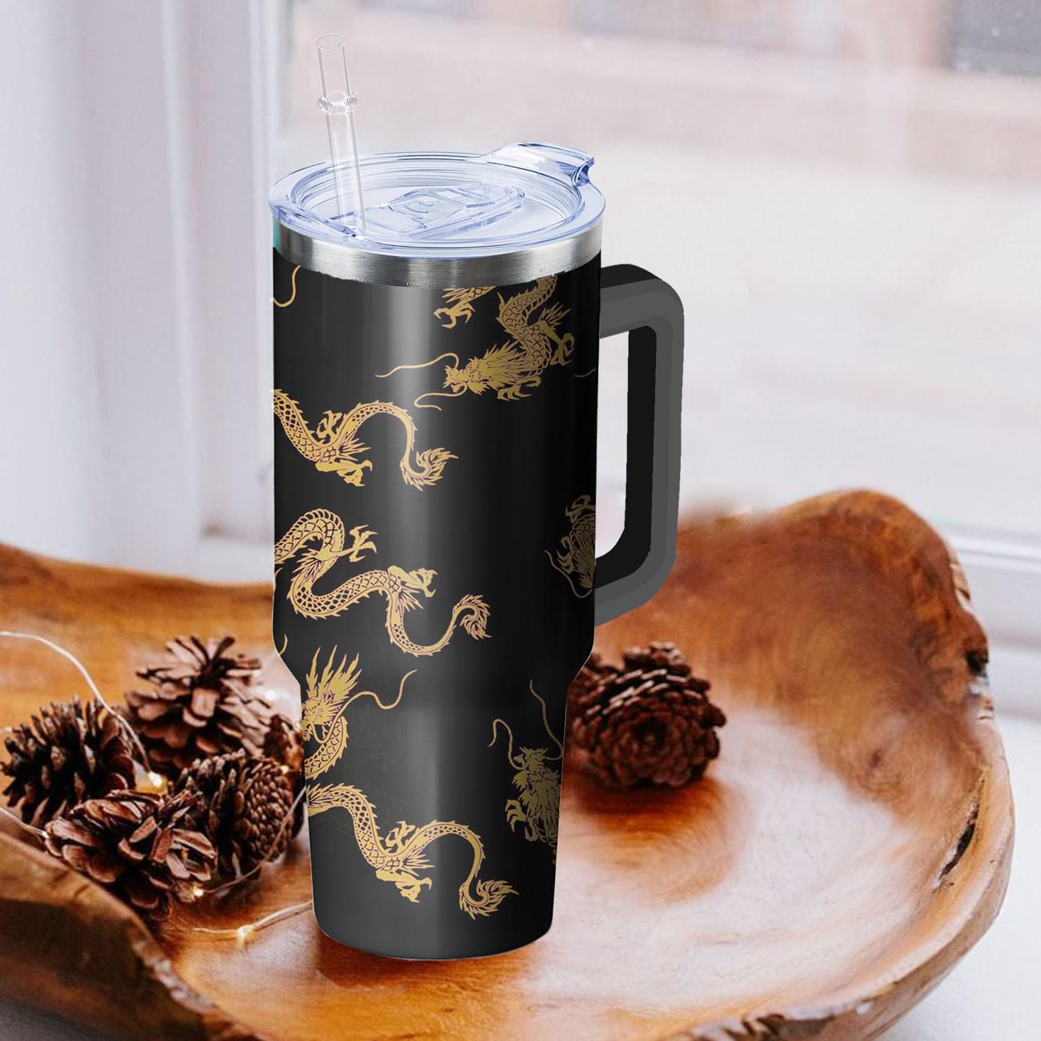 Golden Dragon Tumbler with Handle and Straw, 40 oz Stainless Steel Pink Insulated Cup with Lid and Straw,Travel Coffee Mug Water Bottle, Birthday Christmas Mothers Day Gifts for Animal Lovers Women - Image 5