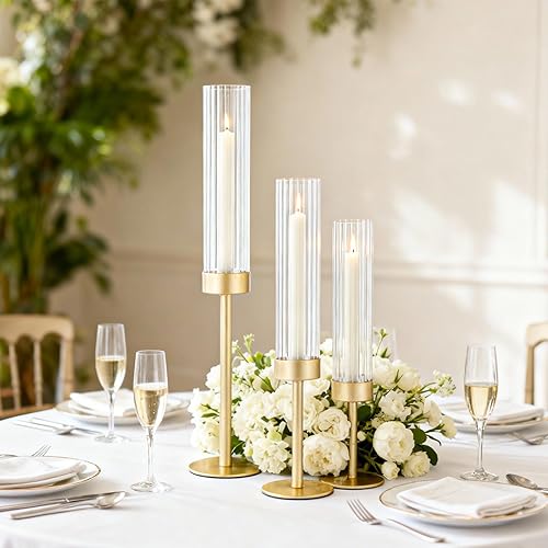 Miniatura 6 de Juego de 3 portavelas dorados de huracán juego de 6 portavelas de latón para candelabros altos para candelabros, candelabros, decoración para centro