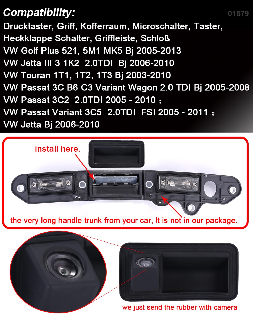 Maniglia per bagagliaio dell'auto, ricambio per VW Golf Plus MK5, Jetta III V Touran 1T GP 1T2 Passat 3C B6 C3 Variant Wagon, impermeabile, visione notturna per auto