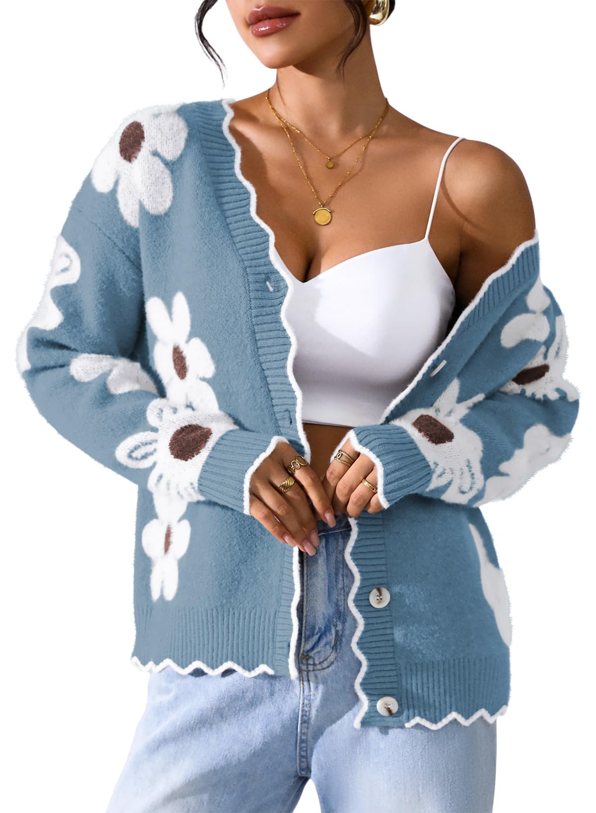 Pink Queen Fuzzy Sweater Cardigan for Women 2025 Fashion Long Sleeve Flower Outerwear Button Down Open Front Cardigan