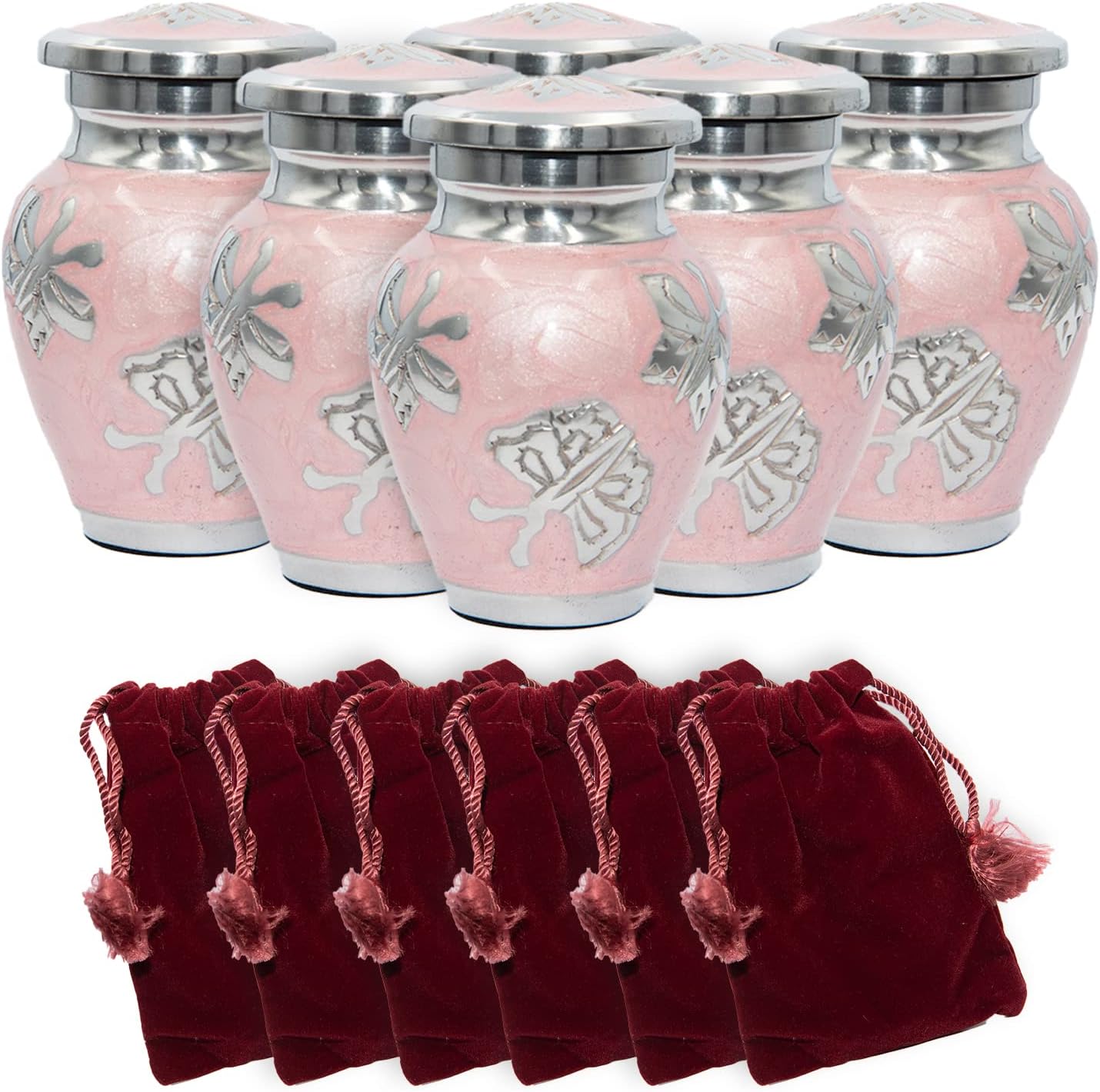 Butterfly Cremation Urn, Keepsake Urns, Funeral Tokens, Set of Six Pink Butterfly Memorial Ash Urns with Velvet Bags