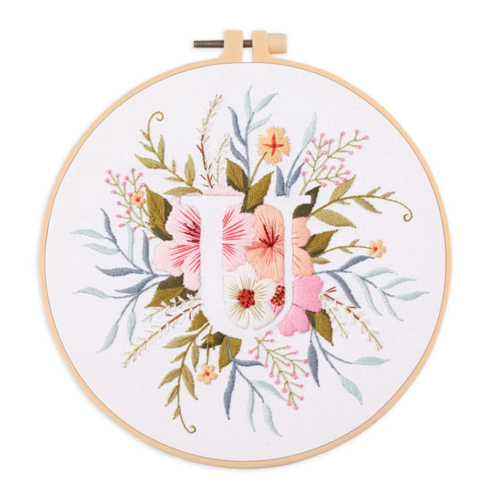 IUHUI Embroidery Kit for Beginners Adults - 26 Floral Letters Easy Patterns, DIY Hand Stitching Embroidery Set with Hoop (Flower and Grass Letter U)