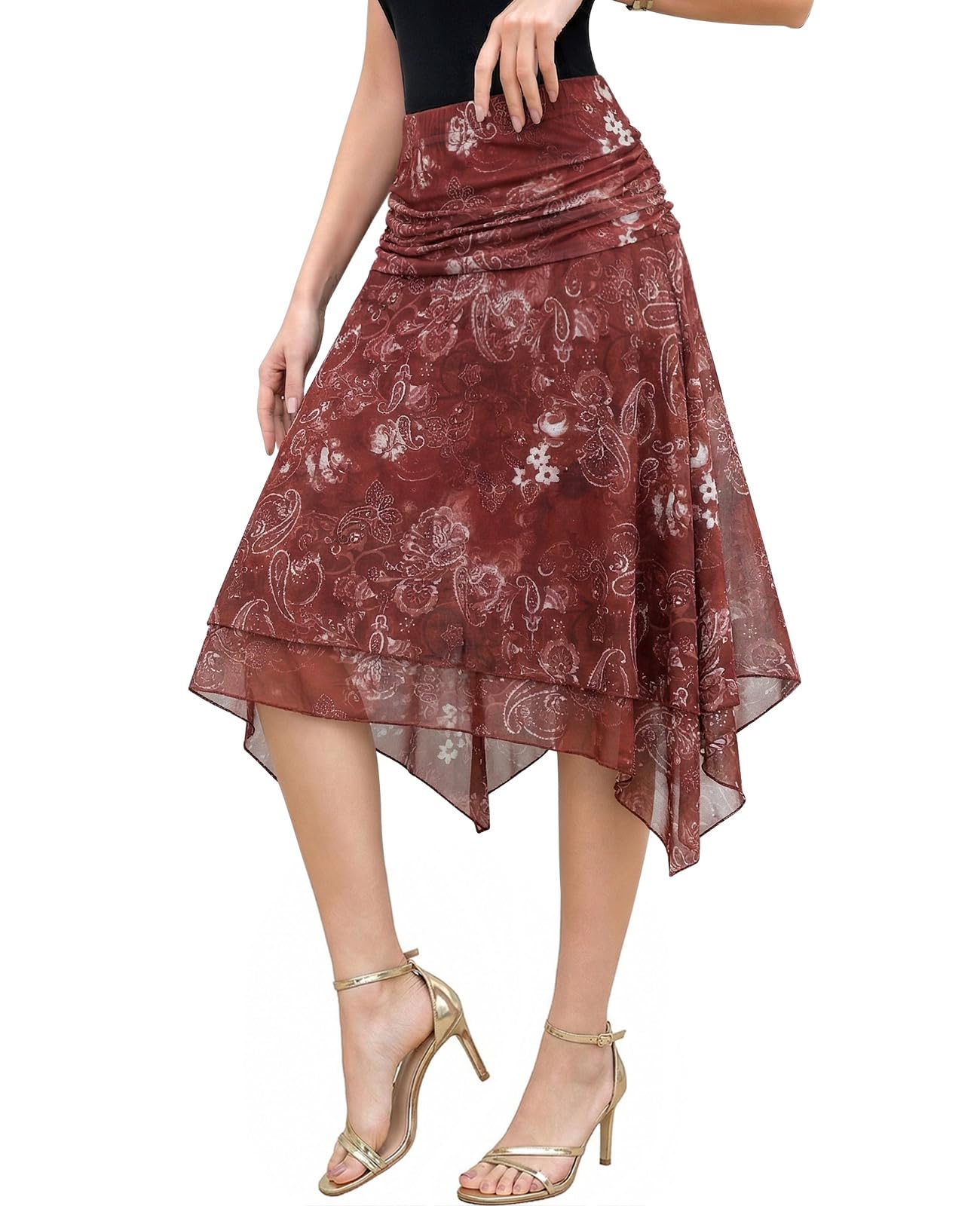 Genfien Gonna Donna Vita Alta Midi in Tulle Trasparente a Strati con Fodera Orlo Asimmetrico Lunghezza al Ginocchio Elegante a Forma A Estate