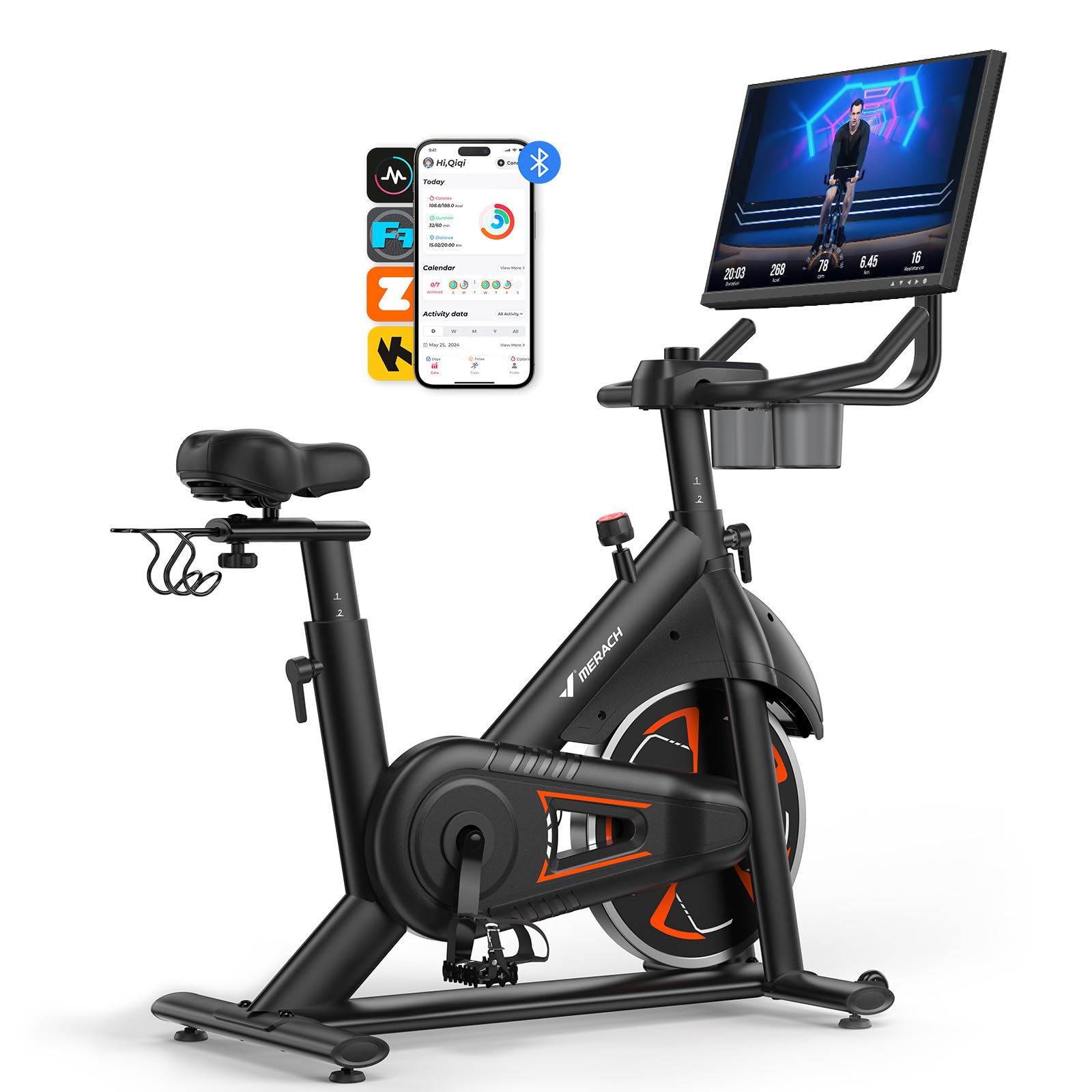 MERACH Heimtrainer Fahrrad mit 21,5" Drehbarem FHD-Bildschirm, Leises Hometrainer Fahrrad mit Automatischer Widerstand, Verstärkter H-Rahmen, Stoßdämpfender Luftkissensattel, Eigene App, Bis 150KG