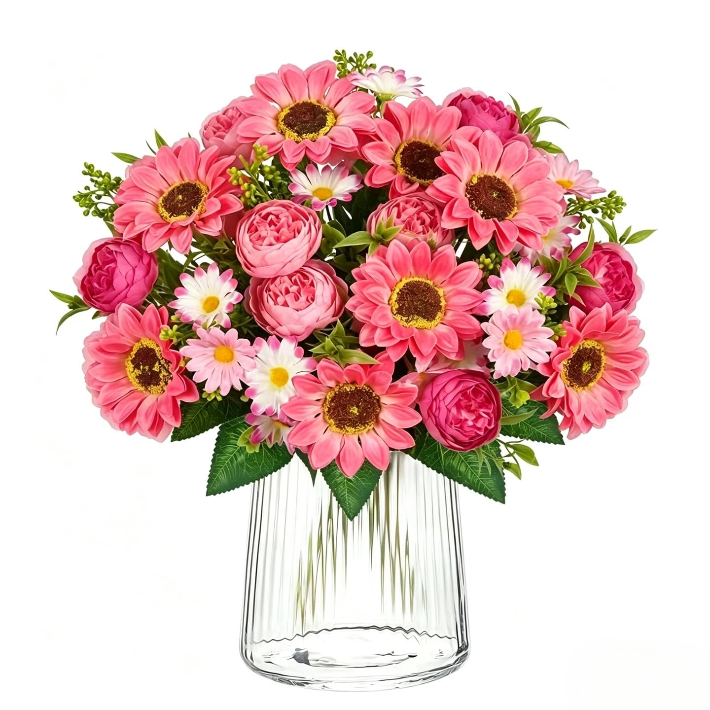 4 Bunches Autumn Artificial Flowers Sunflowers Pink Fake Peony Bouquet