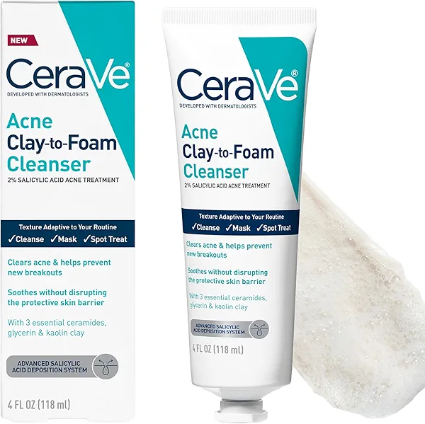 CeraVe Clay To Foam Acne Face Wash, Multi-Use Salicylic Acid & Kaolin Clay Acne Spot Treatment Clears Pimples & Blackheads, Prevents Breakouts, Hydrates & Soothes, Fragrance-Free, Non-Comedogenic, 4oz