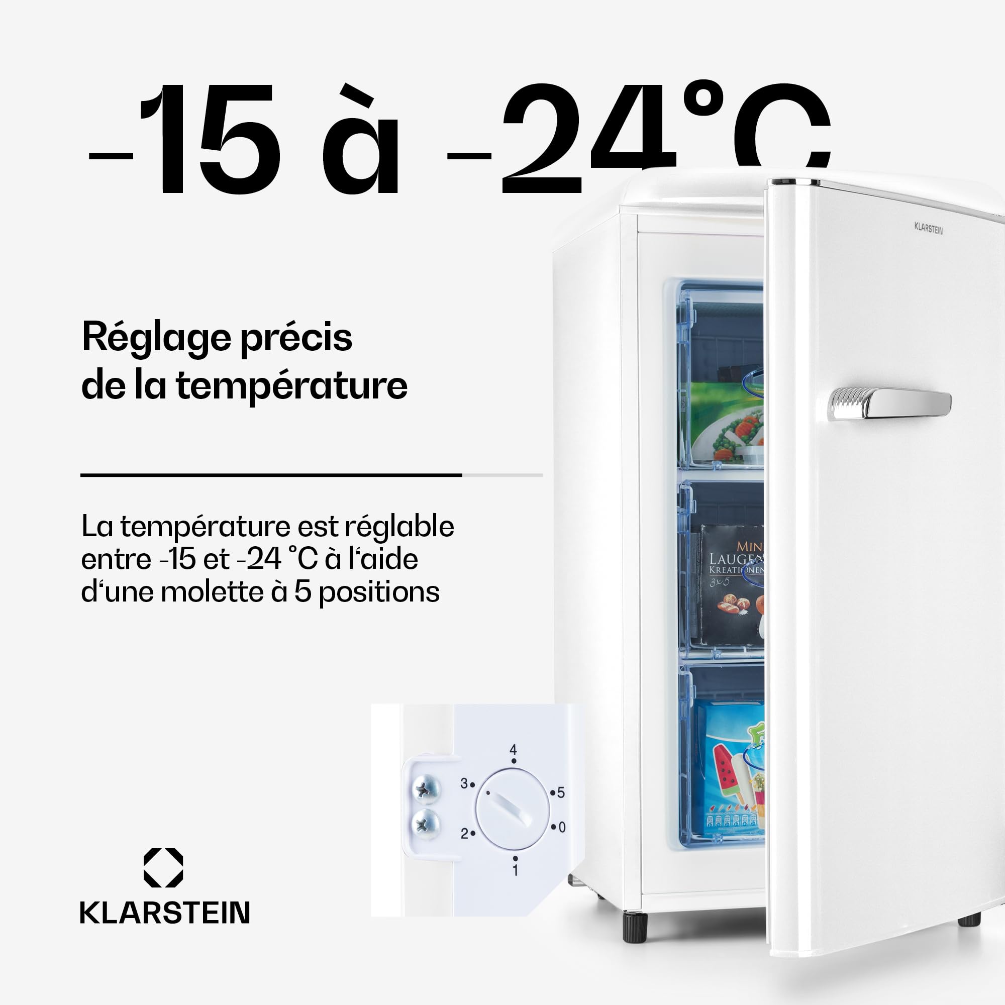 KLARSTEIN Laika Congélateur 60 L -15 à -24°C 3 grilles design rétro crème