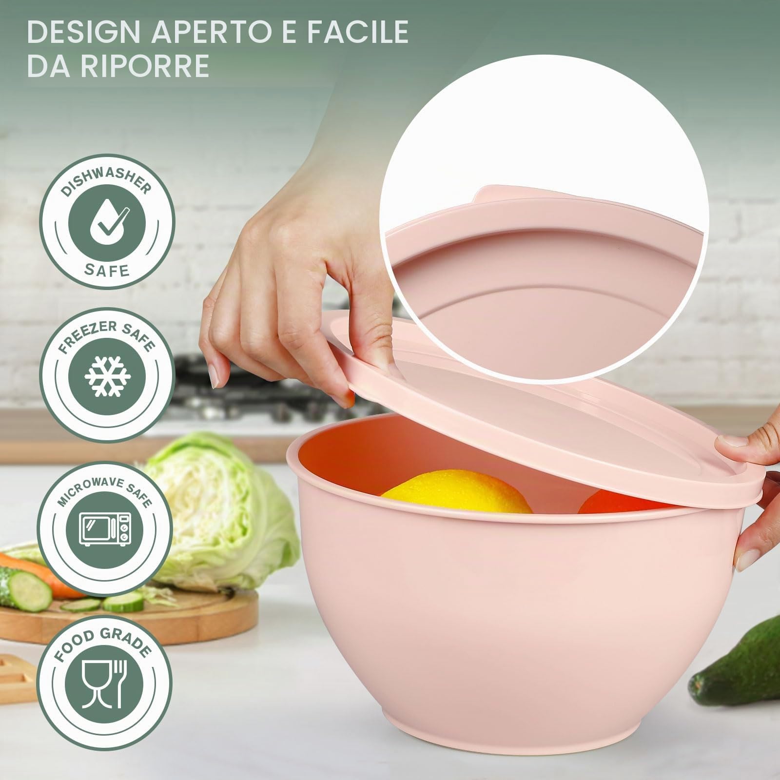 Greentainer Set di 5 ciotole in plastica con coperchi, per cucinare, preparare, cucinare e servire alimenti, lavabili in lavastoviglie, adatte al microonde, per mescolare e servire (grigio e rosa)