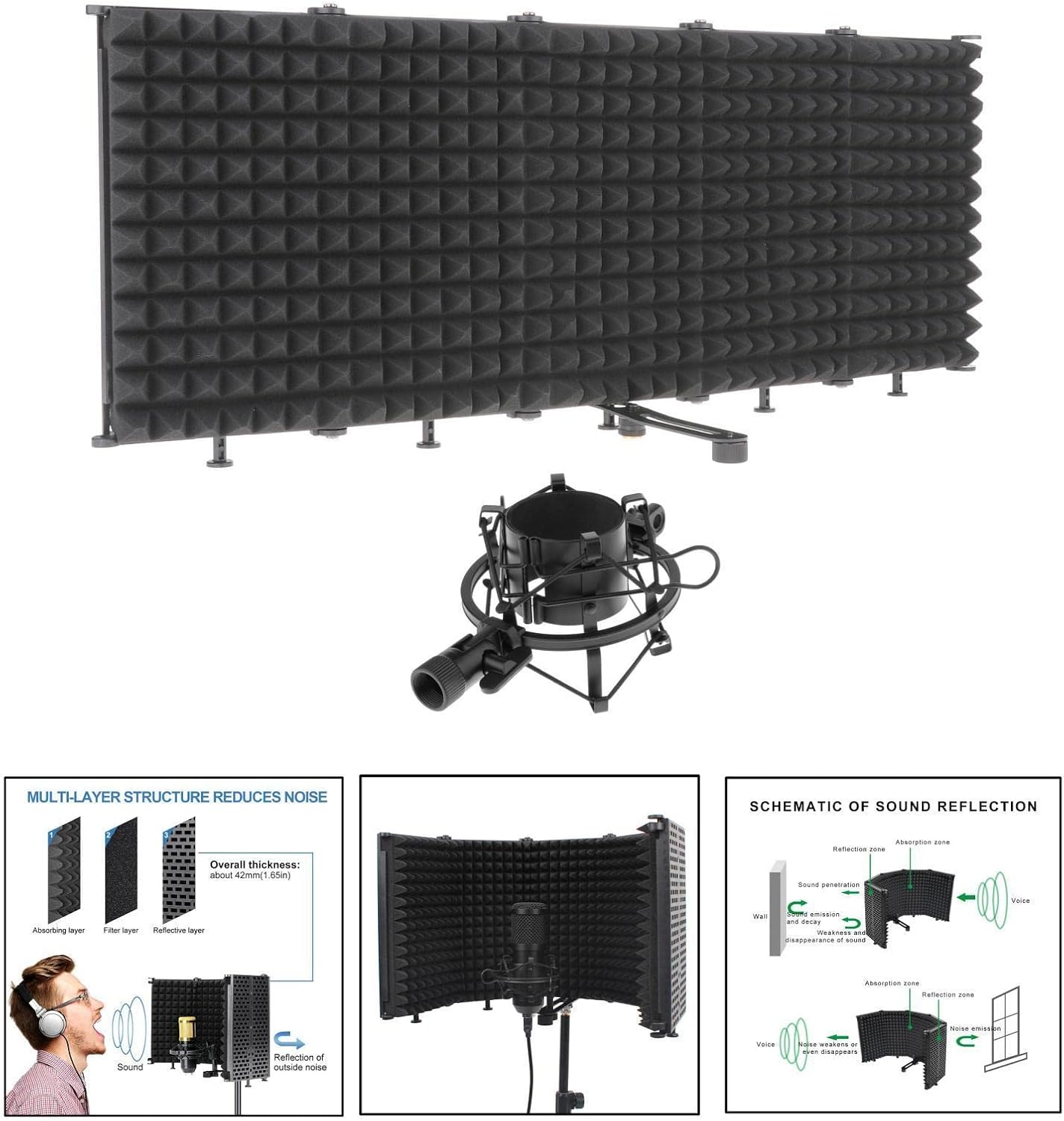 Professional Studio Recording Microphone Isolation Shield | High Density Foam Panel for Vocal | Foldable Design | Wind Screen for Live Broadcast | Sound Proof - A