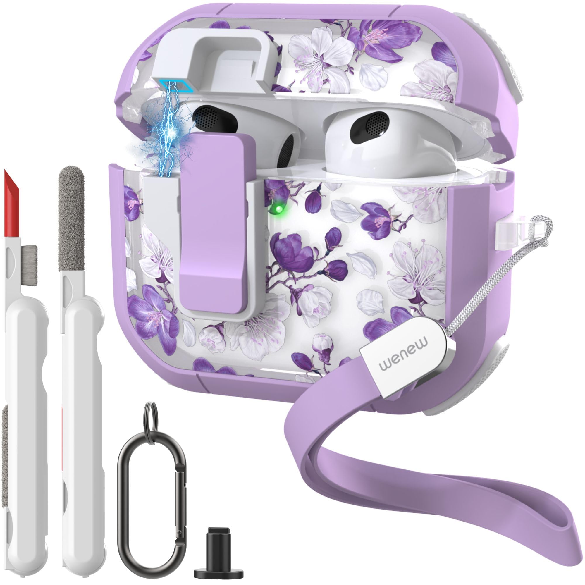 WENEW Case for AirPods 3 Case Cover Secure Lock Automatic Snap Switch Clip Cleaner Kit Lanyard Women Stylish Flower Armour Hard Shell Full Body Front LED Visible (Purple Flower, AirPods 3rd)