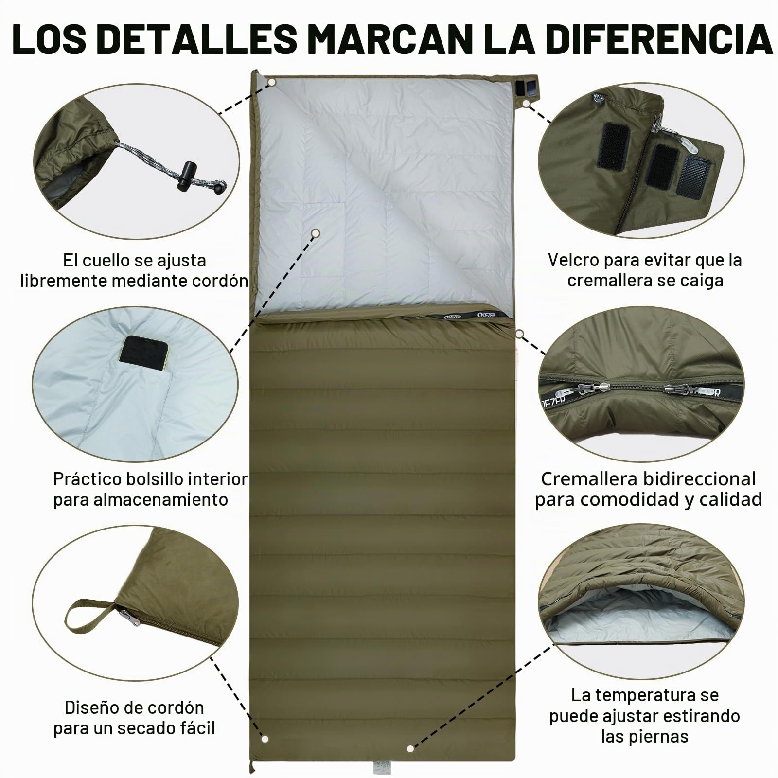 [Plumón] Saco De Dormir Adulto Multifuncional [ 4℃~12℃,1.06 kg ] Ultraligero Sleeping Bag, Camping y Senderismo, 3~4 Estaciones, Compacto y Lmpermeable