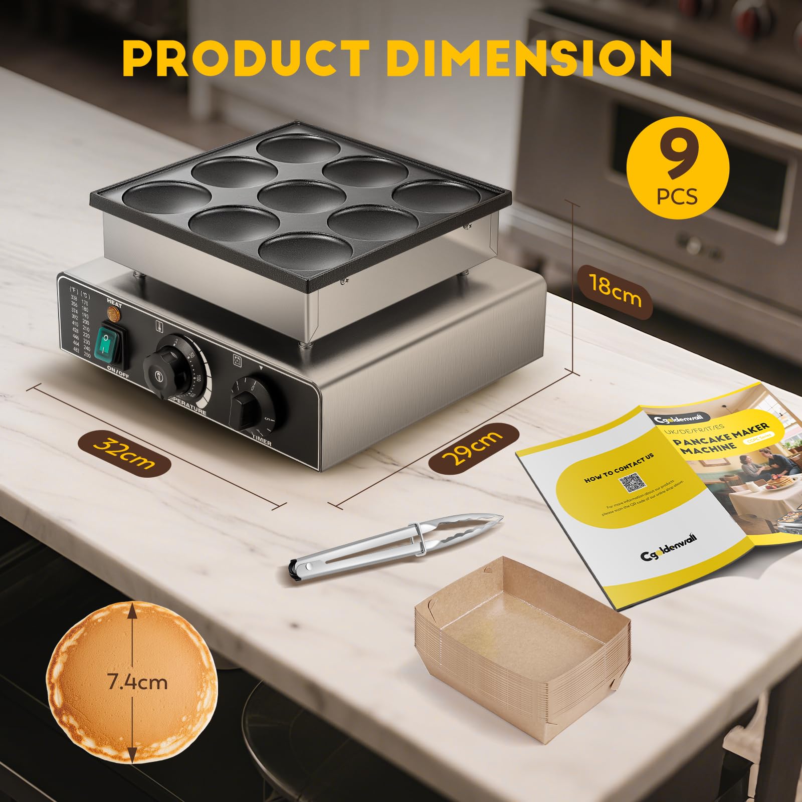 CGOLDENWALL 9 Fori Macchina Per Pancake Olandese, con Rivestimento Antiaderente, Timer 0-5 min e Temperatura Regolabile 50-300℃, Mini Dutch Pancake Maker per Dorayaki, Poffertjes, Muffin