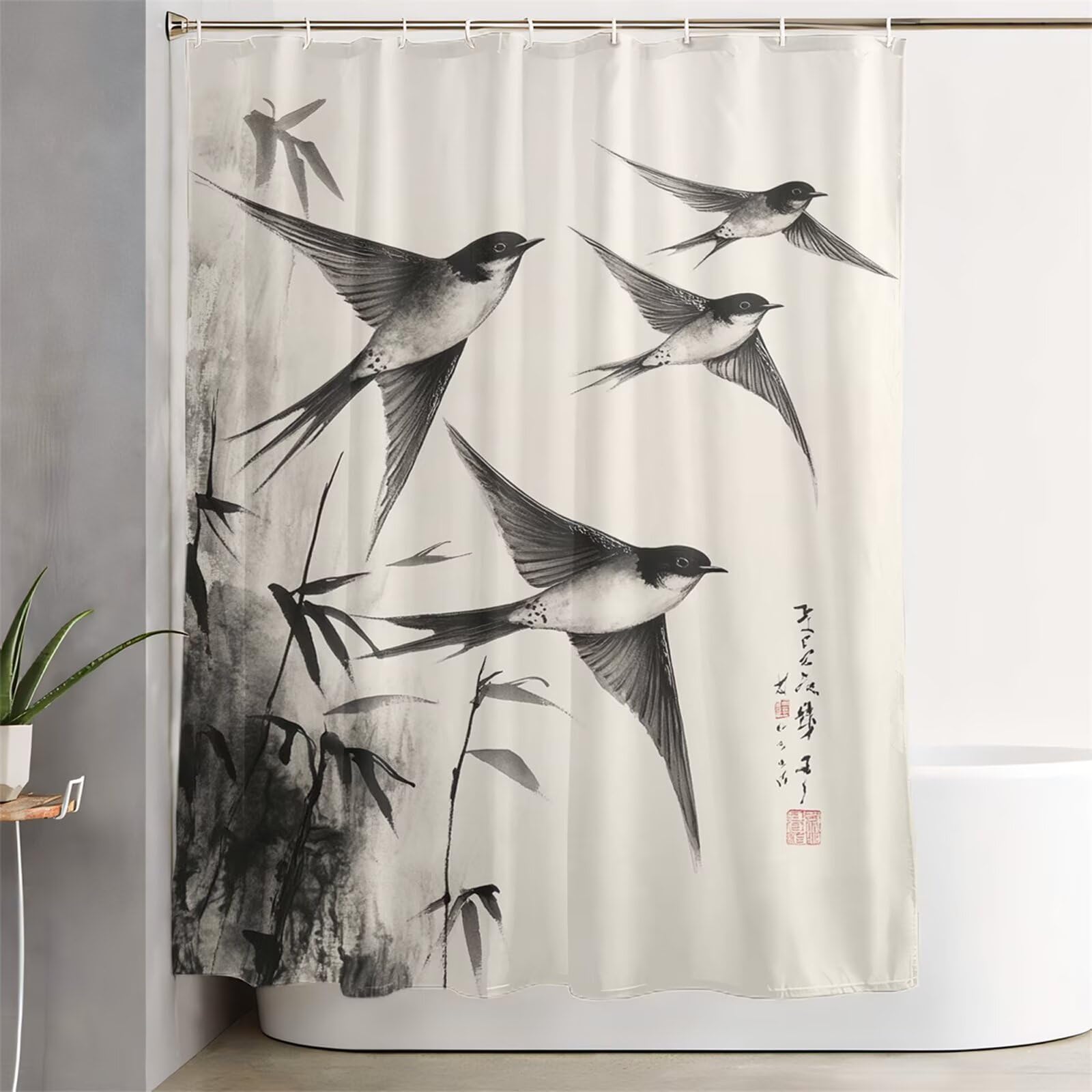 Zasłona prysznicowa z ptakami 200 x 240 cm, bardzo długa zasłona prysznicowa do łazienki, czarna, wodoodporna, z haczykami i obciążonym obszyciem, nadaje się do prania, szybkoschnąca, na wszystkie