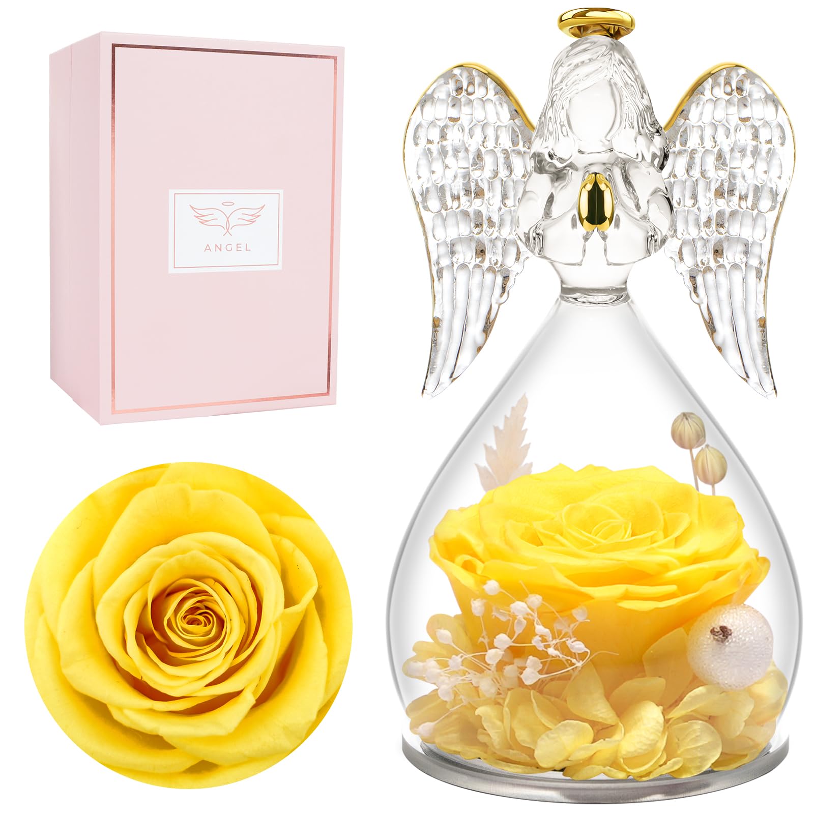 Miofula Gifts for Mom Birthday Gifts for Women, Preserved Flowers Rose in Glass Angel Figurines, Fresh Flowers for Delivery Anniversary Forever Real Roses Gifts for Mothers Grandma Her Wife Girlfriend