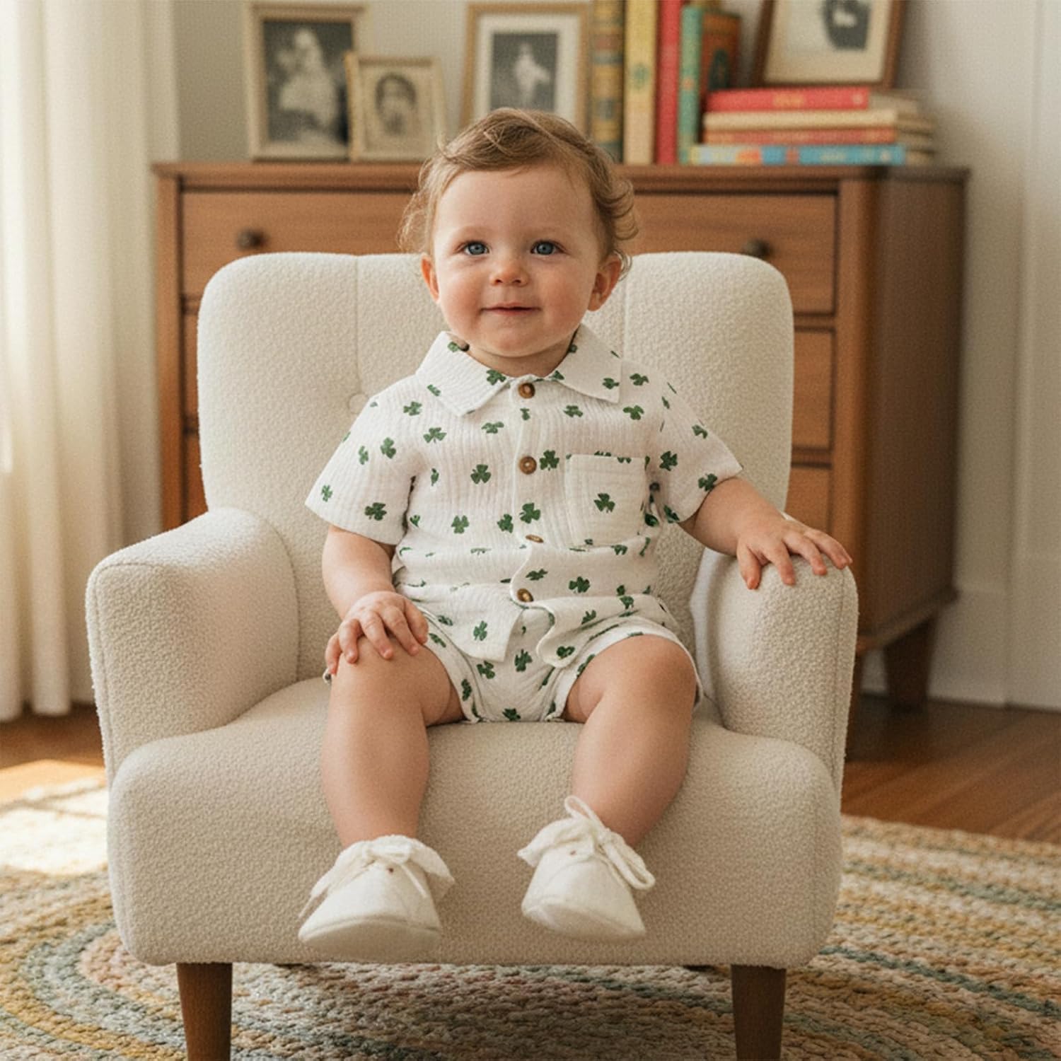 Toddler Baby Boy St Patricks Day Outfit Clover Button Down Short Sleeve Muslin Shirt Top and Shorts Set Irish Clothes - Image 2