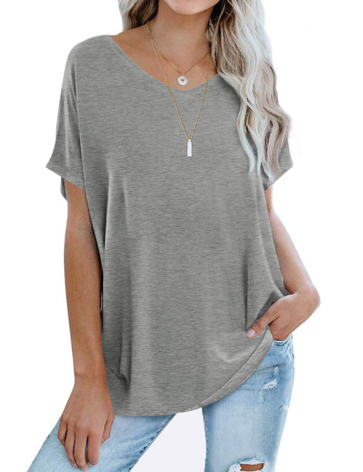 Sousuoty Oversized T Shirts for Women Casual V Neck Short Sleeve Tops Loose