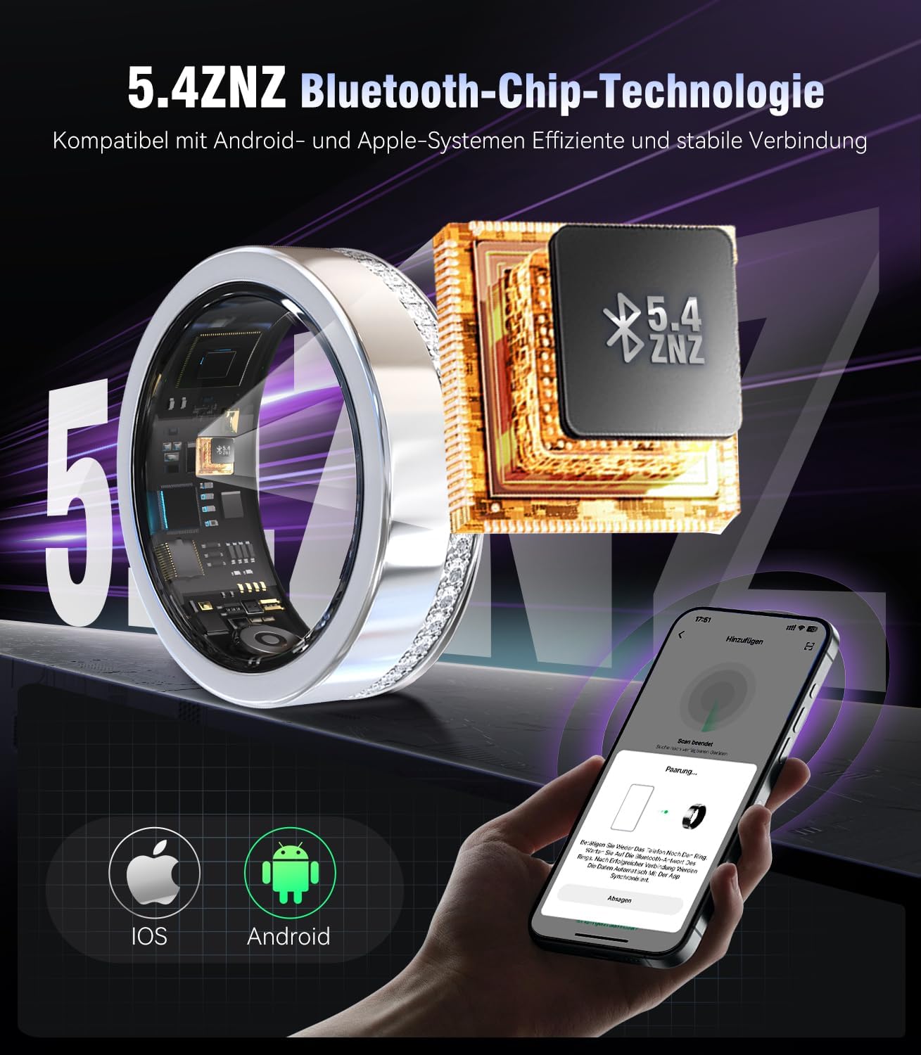Smart Ring, 2,5 g, ultraleggero, 11 volte più leggero dello smartwatch, nanomitoring JZ 5.1-Al – 0,1% ± errore, monitoraggio della salute 24 ore, senza ABO, batteria 5-10 giorni, Smart Ring