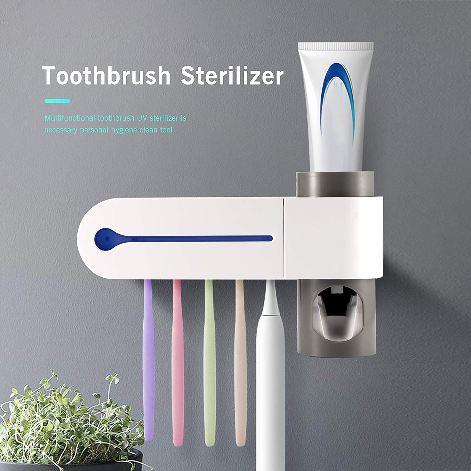 OurLeeme Soporte para cepillos de Dientes, esterilización con Cepillo de Dientes UV Soporte de Secado Dispensador automático de Pasta de Dientes Alimentación USB para 5 cepillos de Dientes