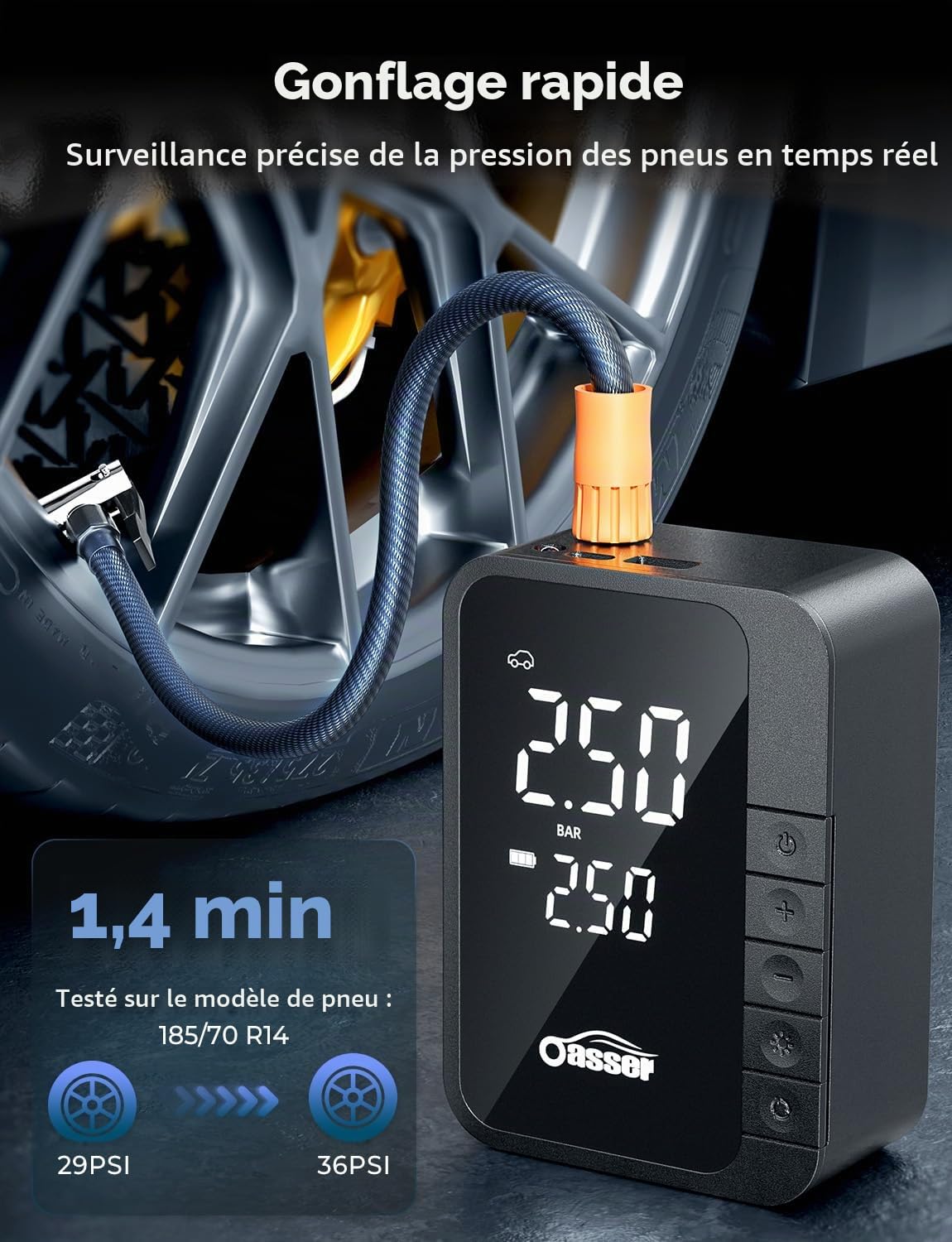 Oasser Gonfleur Pneus Voiture sans Fil 6000mAh Mini Compresseur à Air Portatif 150 PSI (10,3 Bar) Inflation Rapide Cylindre 19 mm Type-C USB Charge avec Tuyau de 30 cm et Sac de Rangement